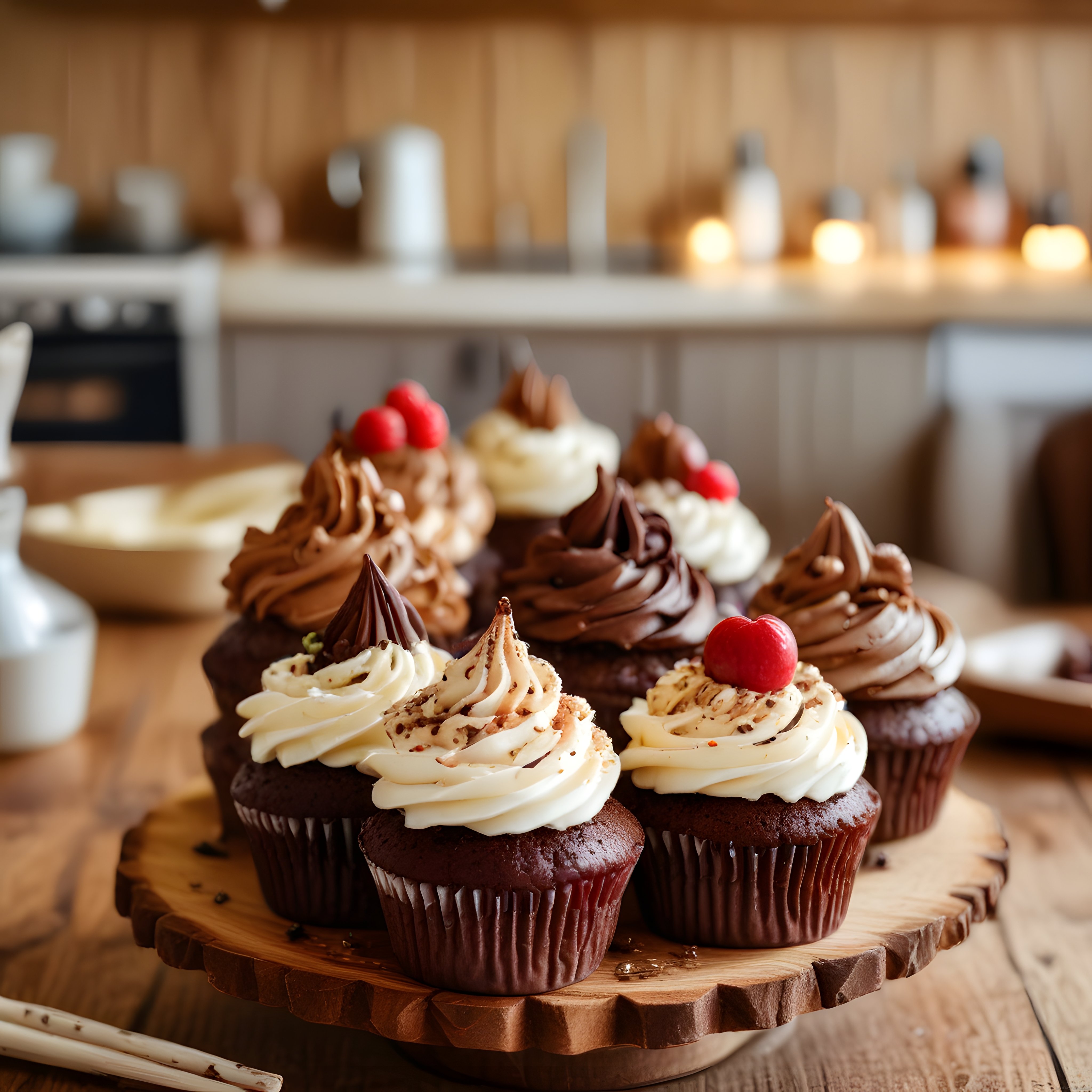 Rustik Ahşap Mutfak Atmosferinde Çikolatalı ve Vanilyalı Cupcake Çeşitleri