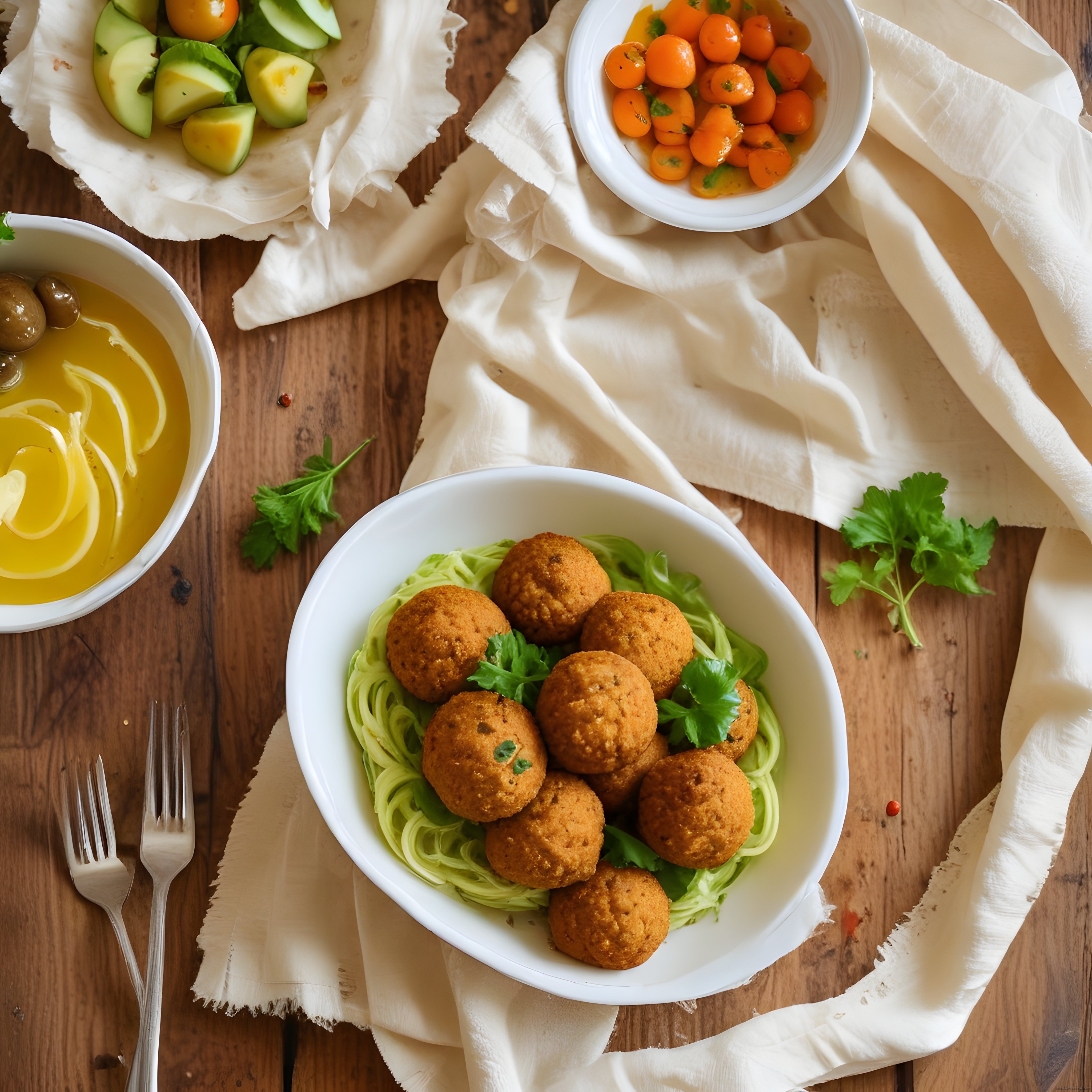 rustik ahşap mutfak masasında falafelli yeşil makarna ve akdeniz mezeleri