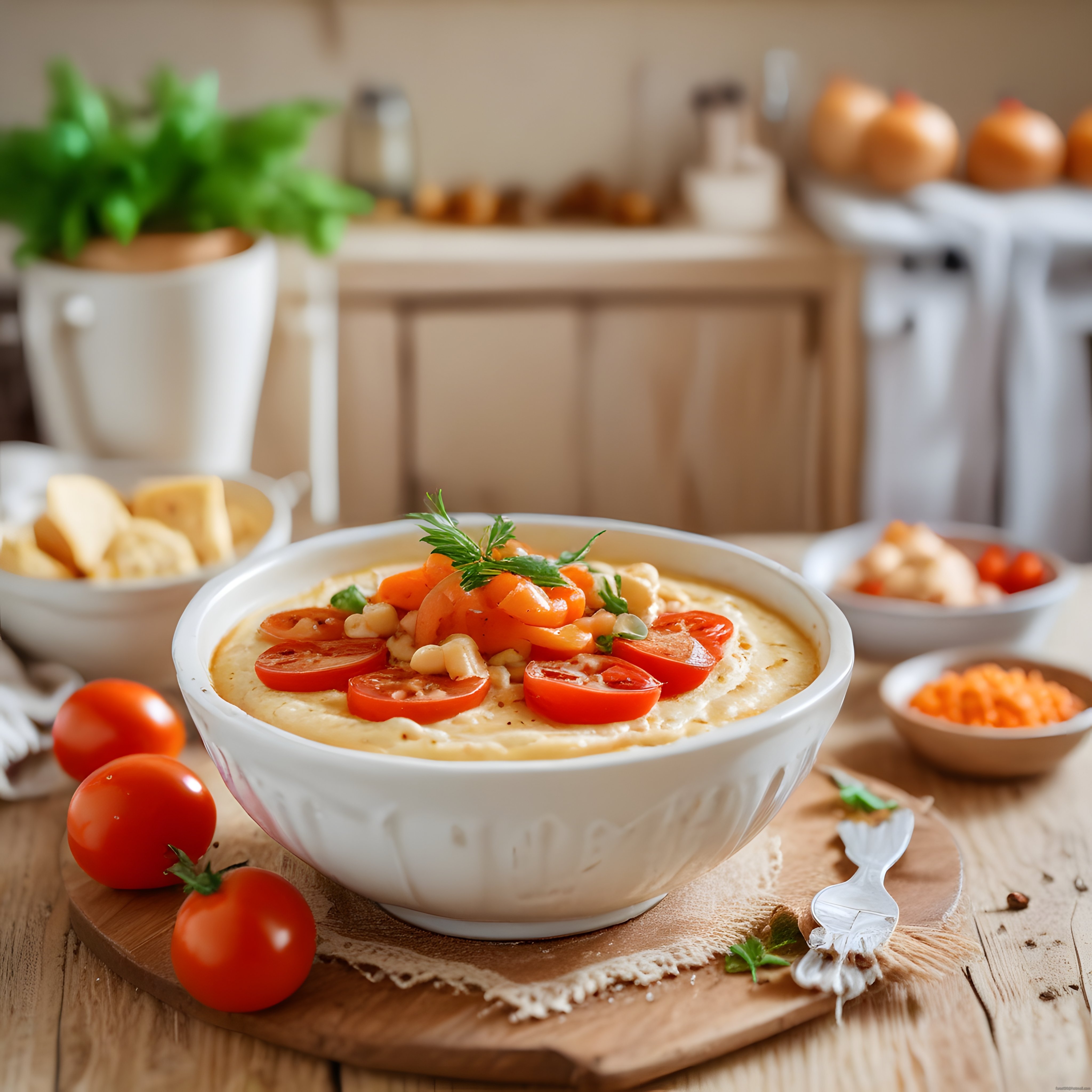 Rustik Ahşap Mutfak Tezgahında Domatesli ve Otlu Humus Sunumu