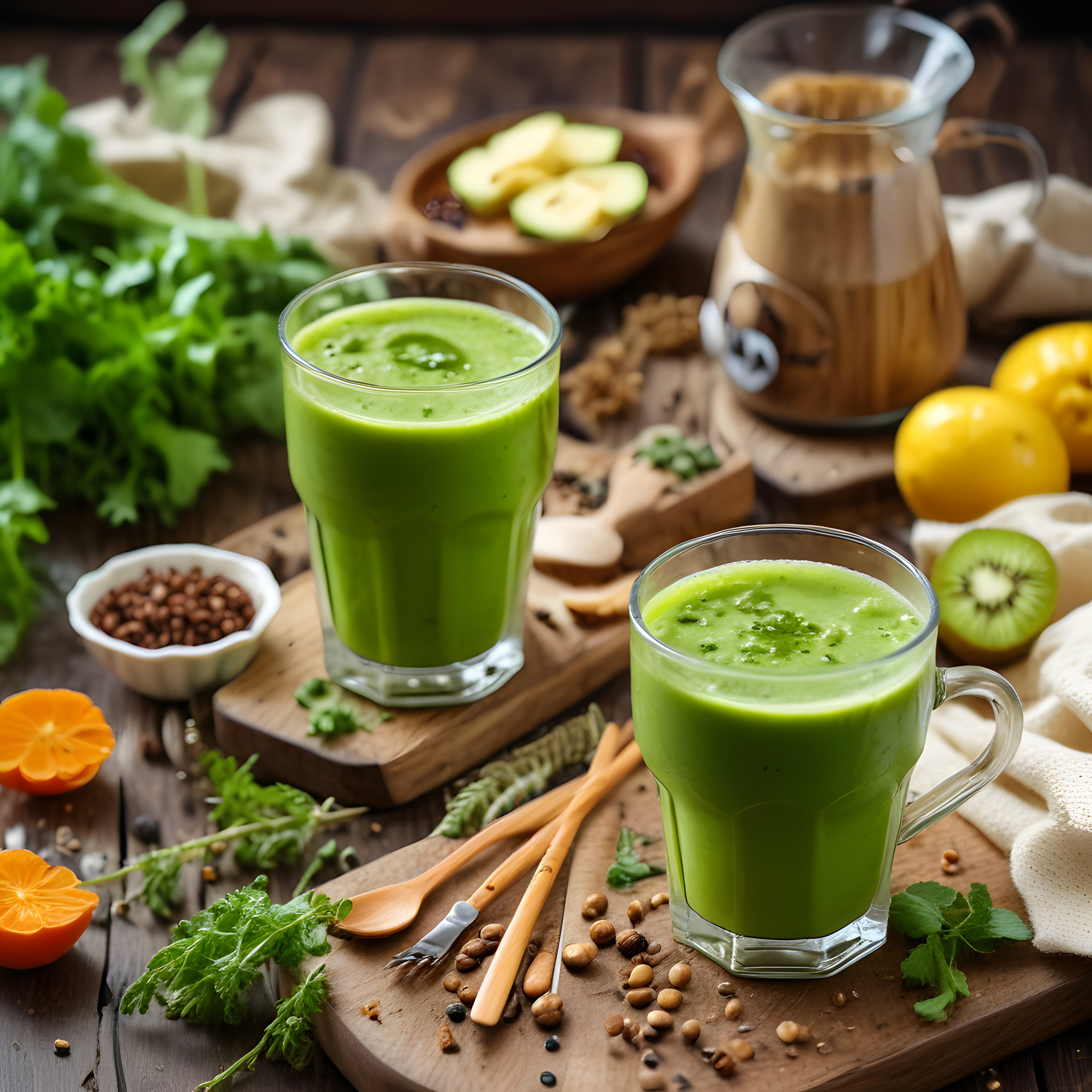 Rustik Ahşap Mutfak Tezgahında Hazırlanan Taze Yeşil Detoks Smoothie Görseli