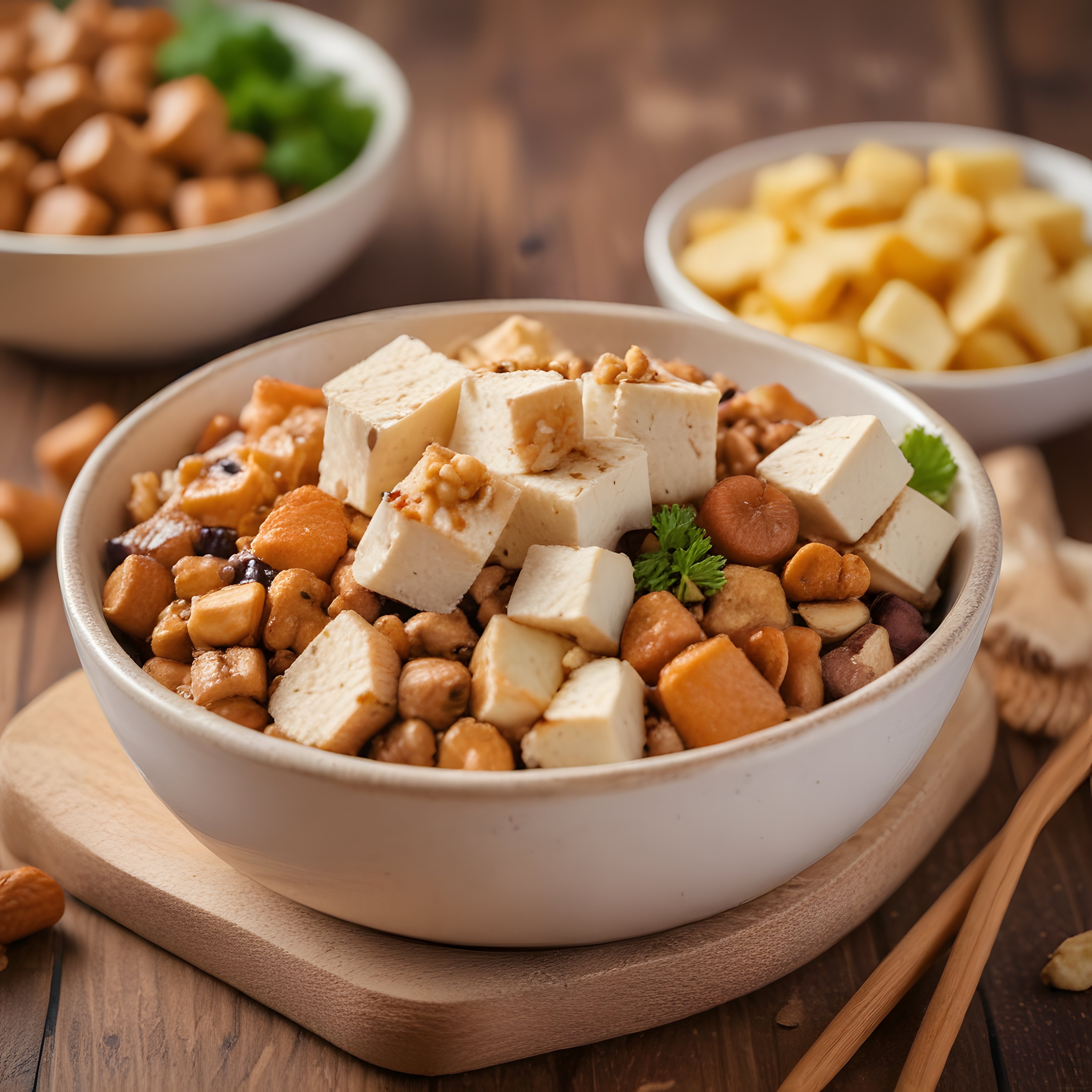 Rustik ahşap mutfak tezgahında tofu ceviz nohut karışımı besleyici kase