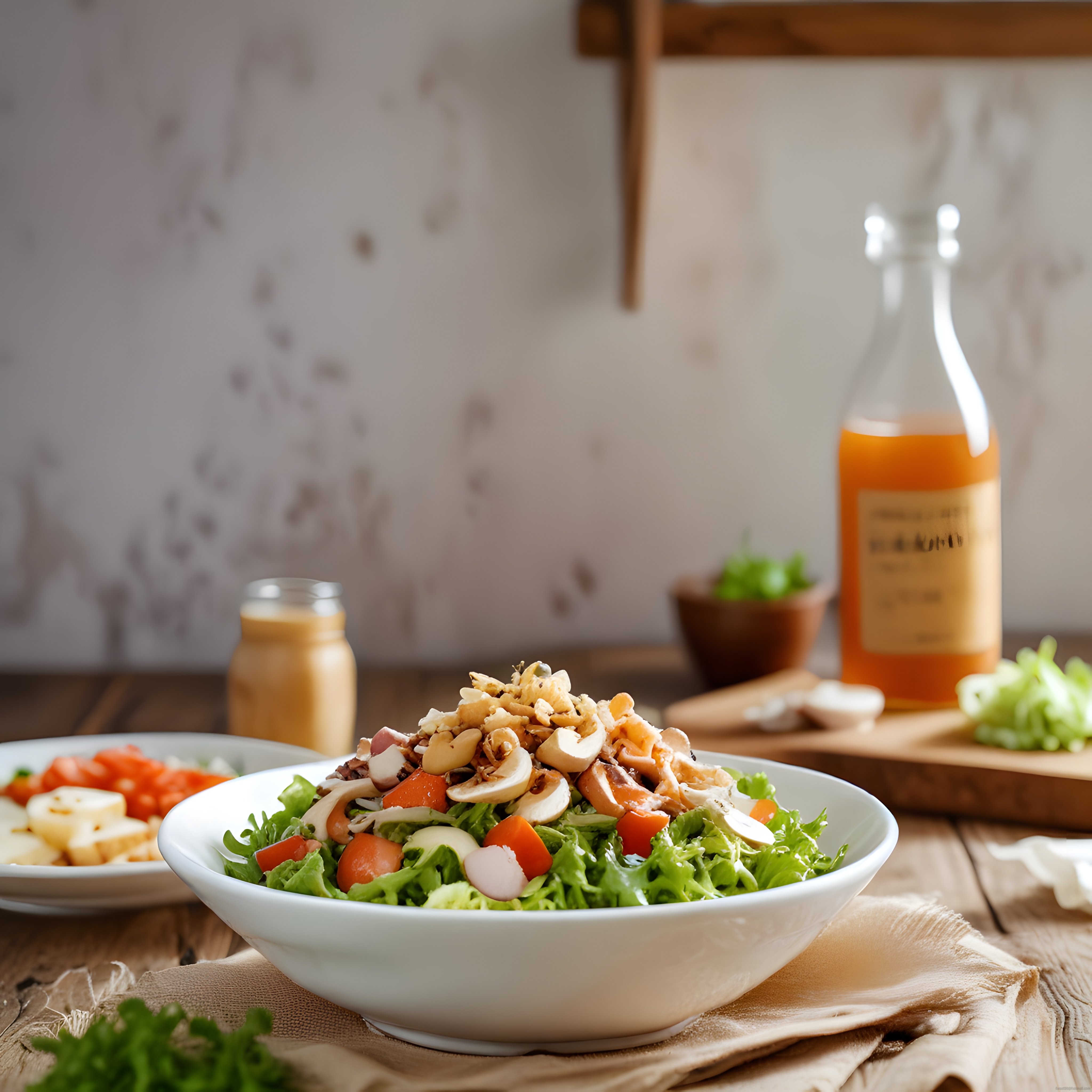 Rustik Ahşap Mutfakta Ev Yapımı Çıtır Garnitürlü Taze Yeşil Salata