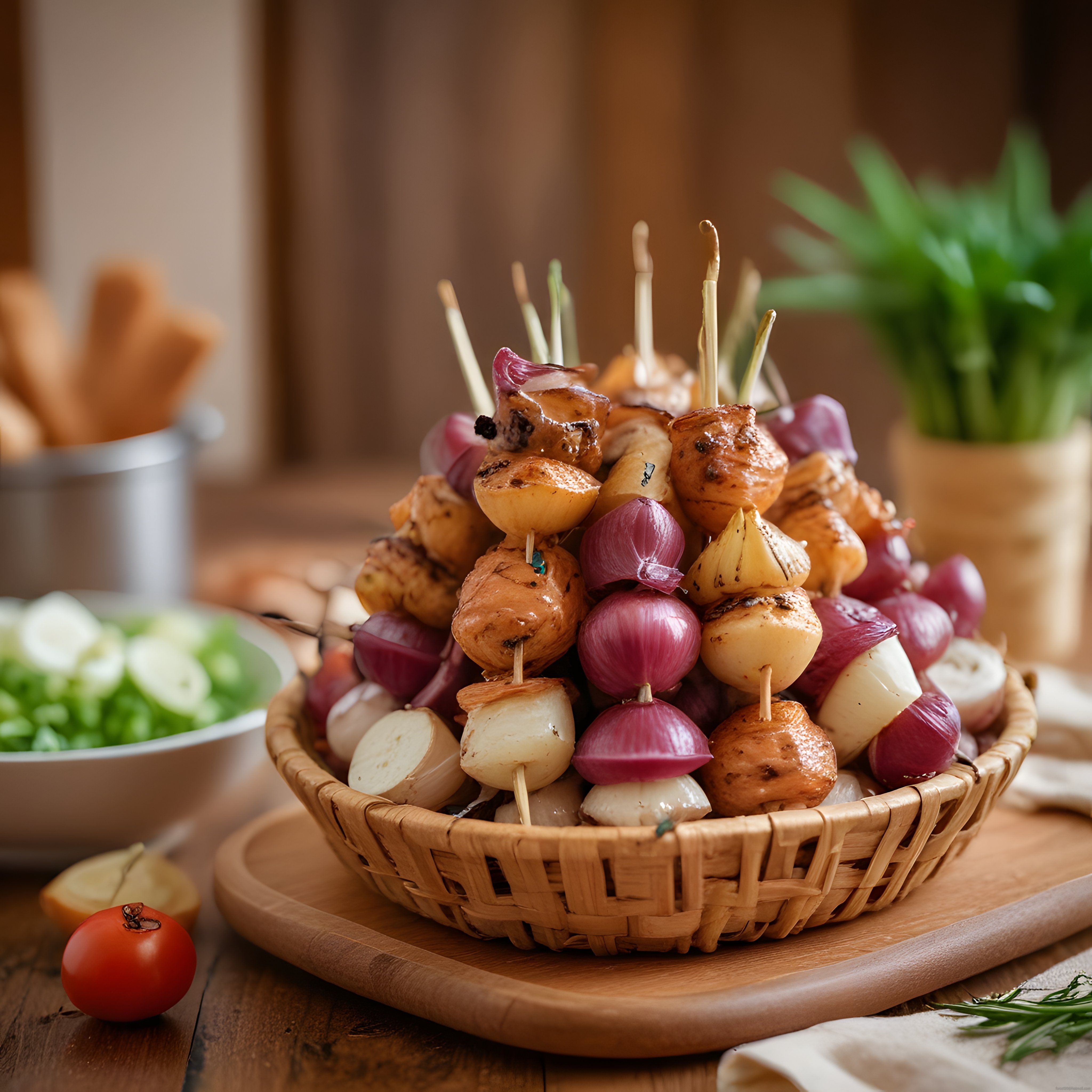 Rustik Ahşap Mutfakta Hasır Sepet İçinde Mantarlı ve Soğanlı Şiş Kebap Sunumu