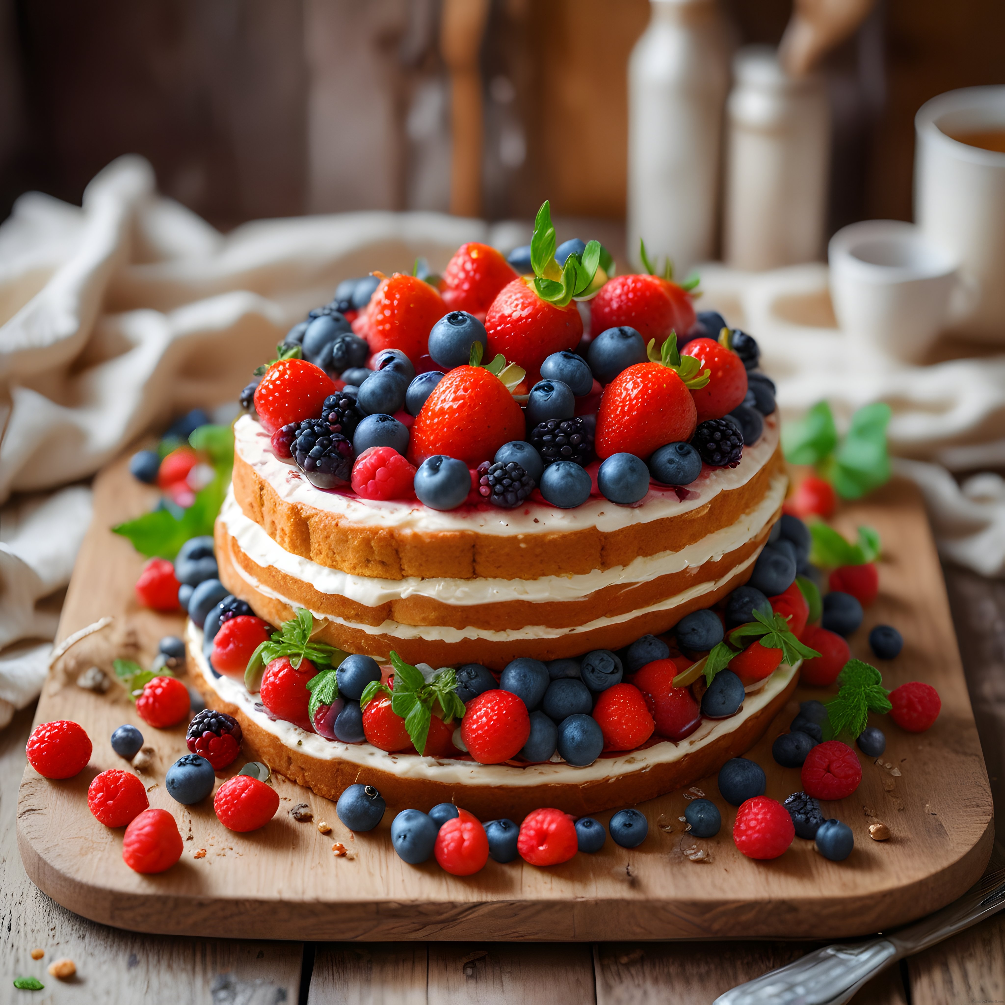 Rustik Ahşap Mutfakta Nane Yaprakları Süslü Orman Meyveli Naked Cake