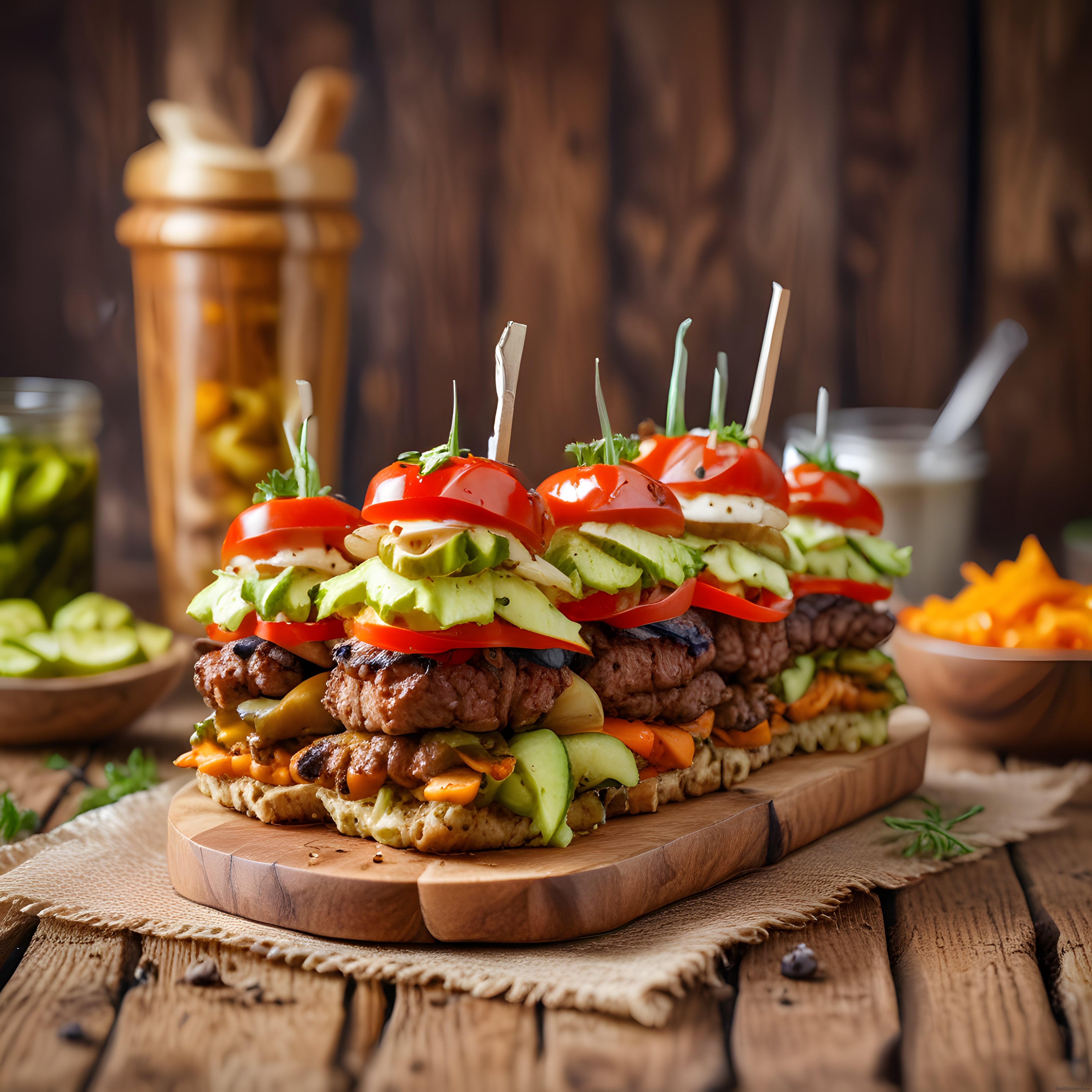 Rustik Ahşap Mutfakta Sebzeli Açık Mini Burger ve Izgara Köfte Sunumu