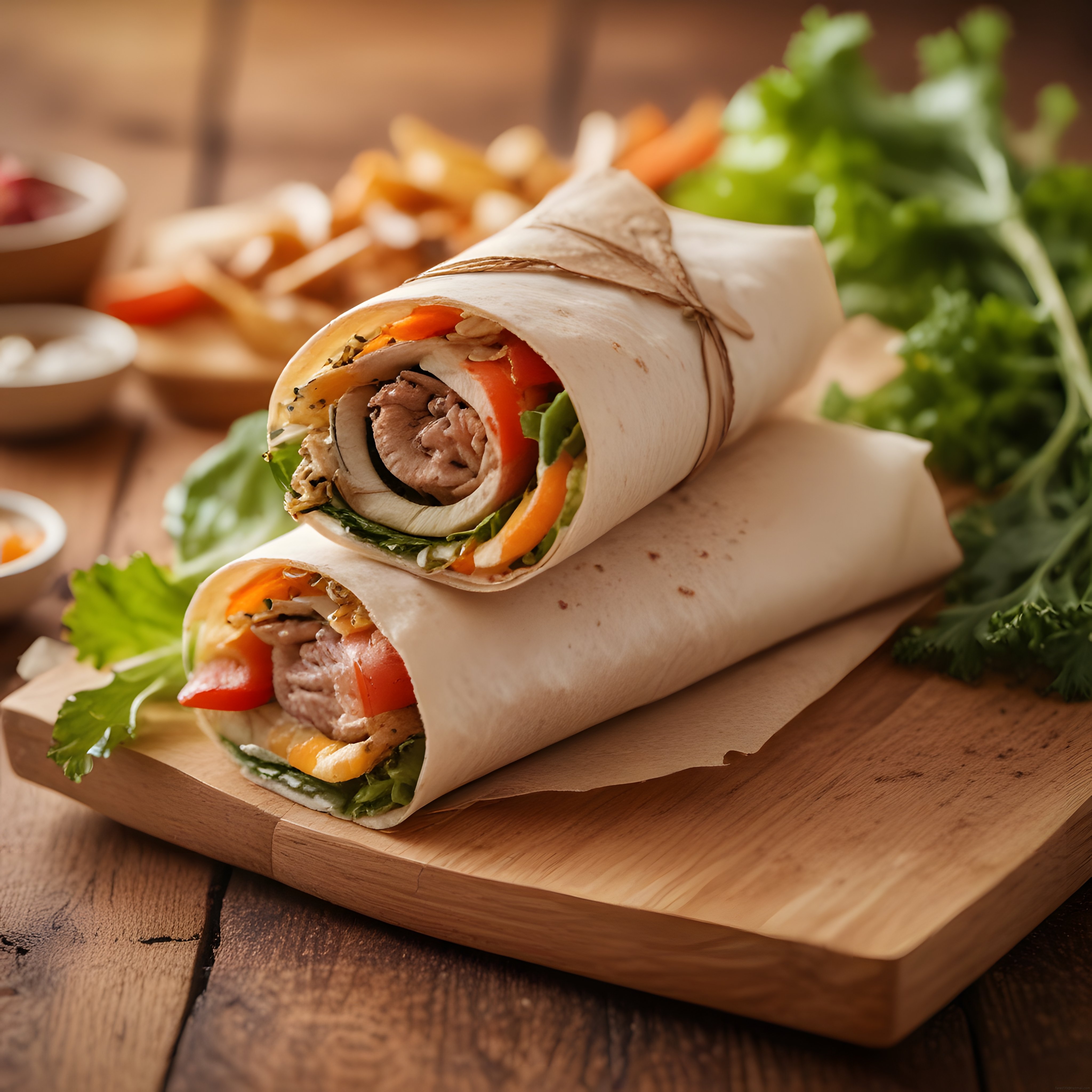 Rustik ahşap mutfakta sebzeli tavuklu wrap ve patates kızartması