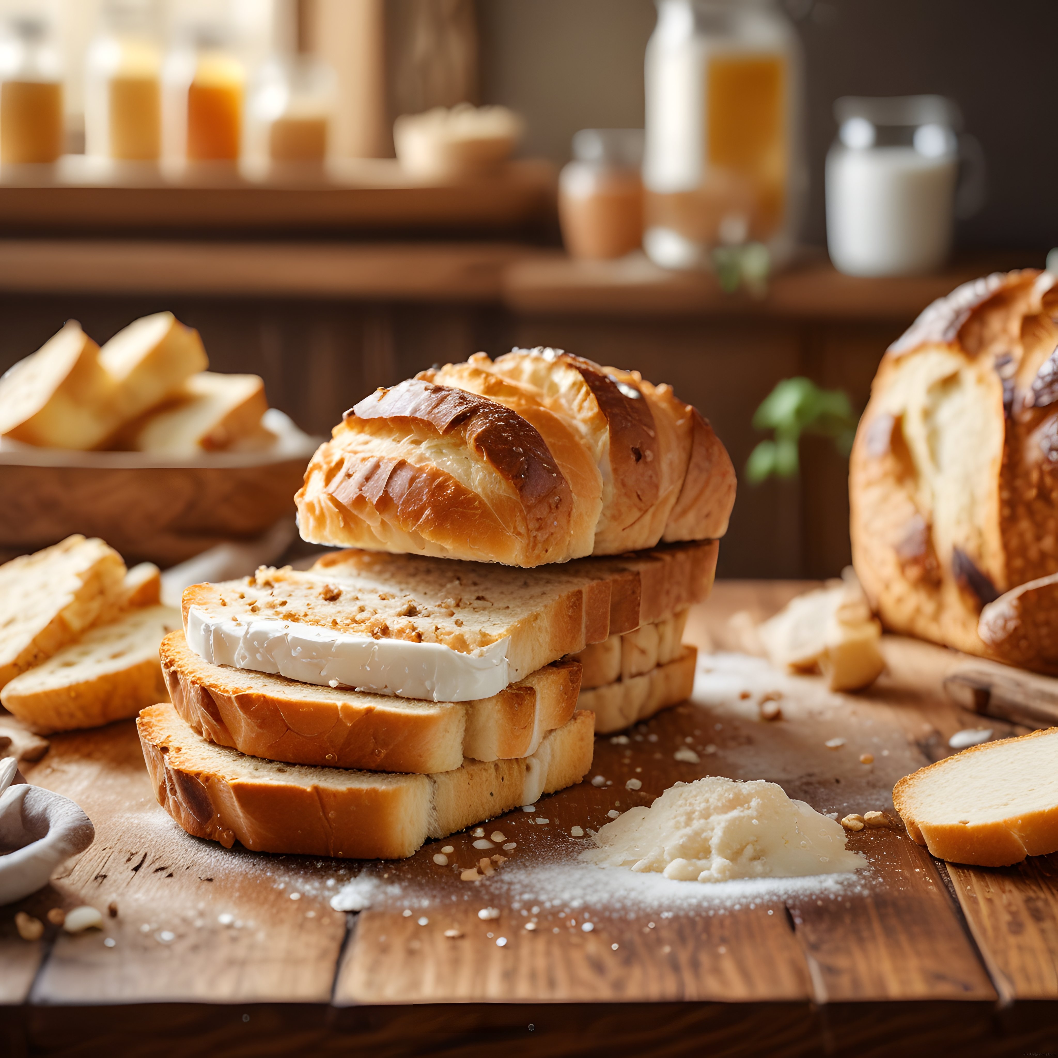 Rustik Ahşap Mutfakta Taze Fırın Ekmekleri ve Kahvaltılık Tost Dilimleri