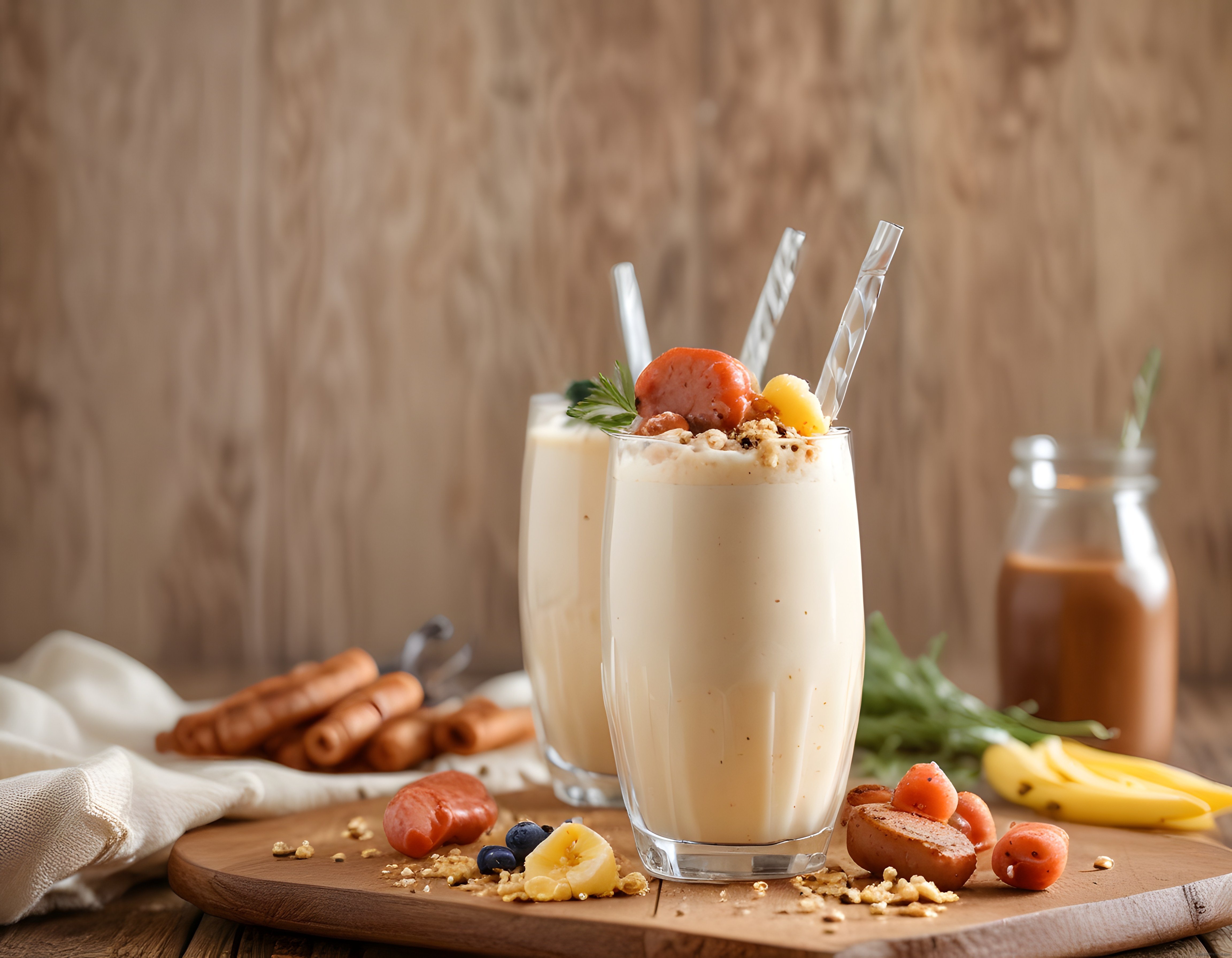 Rustik Ahşap Mutfakta Taze Muzlu Smoothie ve Waffle ile Kahvaltı Sunumu