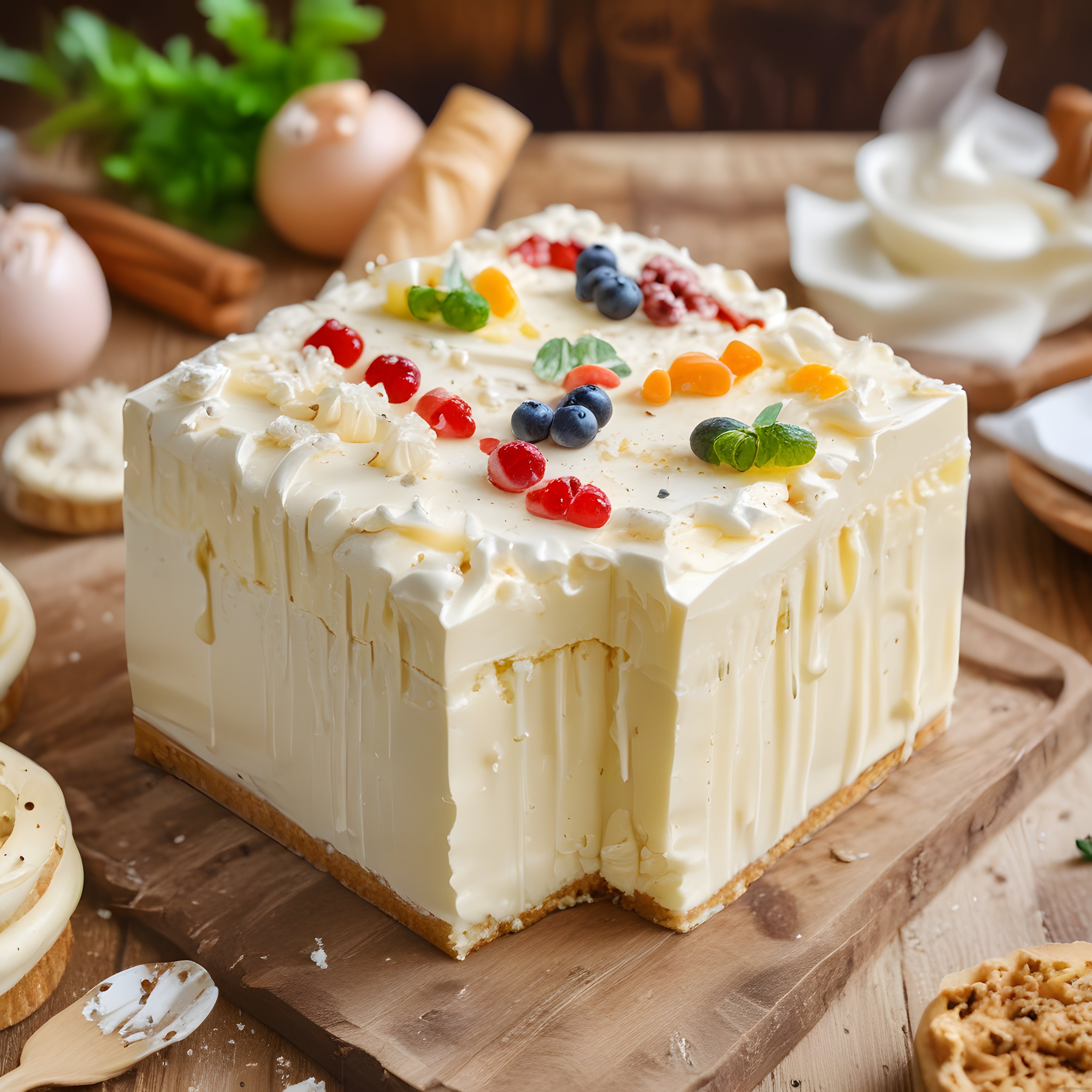 Rustik ahşap mutfakta taze orman meyveli beyaz çikolatalı kare pasta