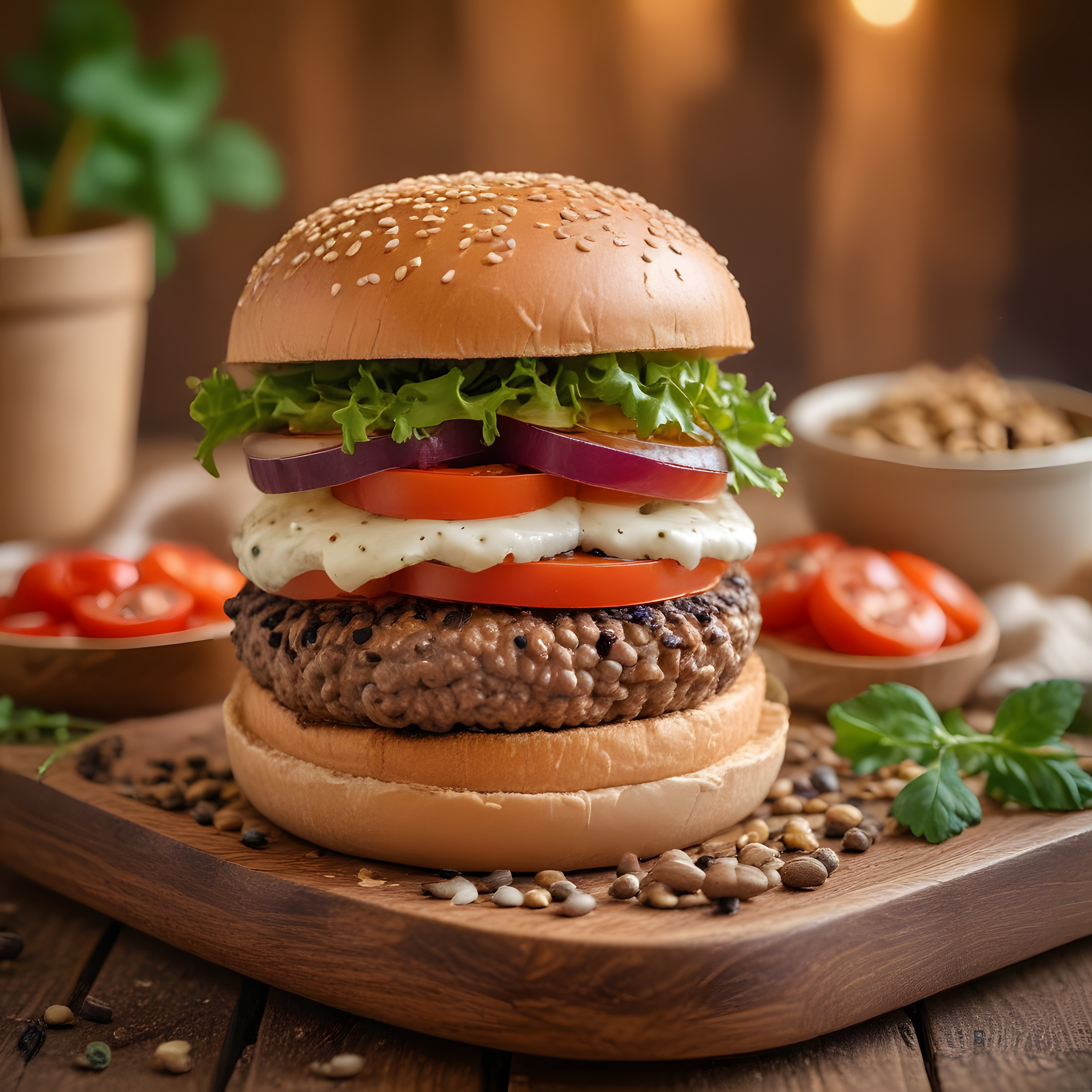 Rustik Ahşap Mutfakta Taze Sebzeler ve Erimiş Peynirle Süslenmiş Gourmet Burger