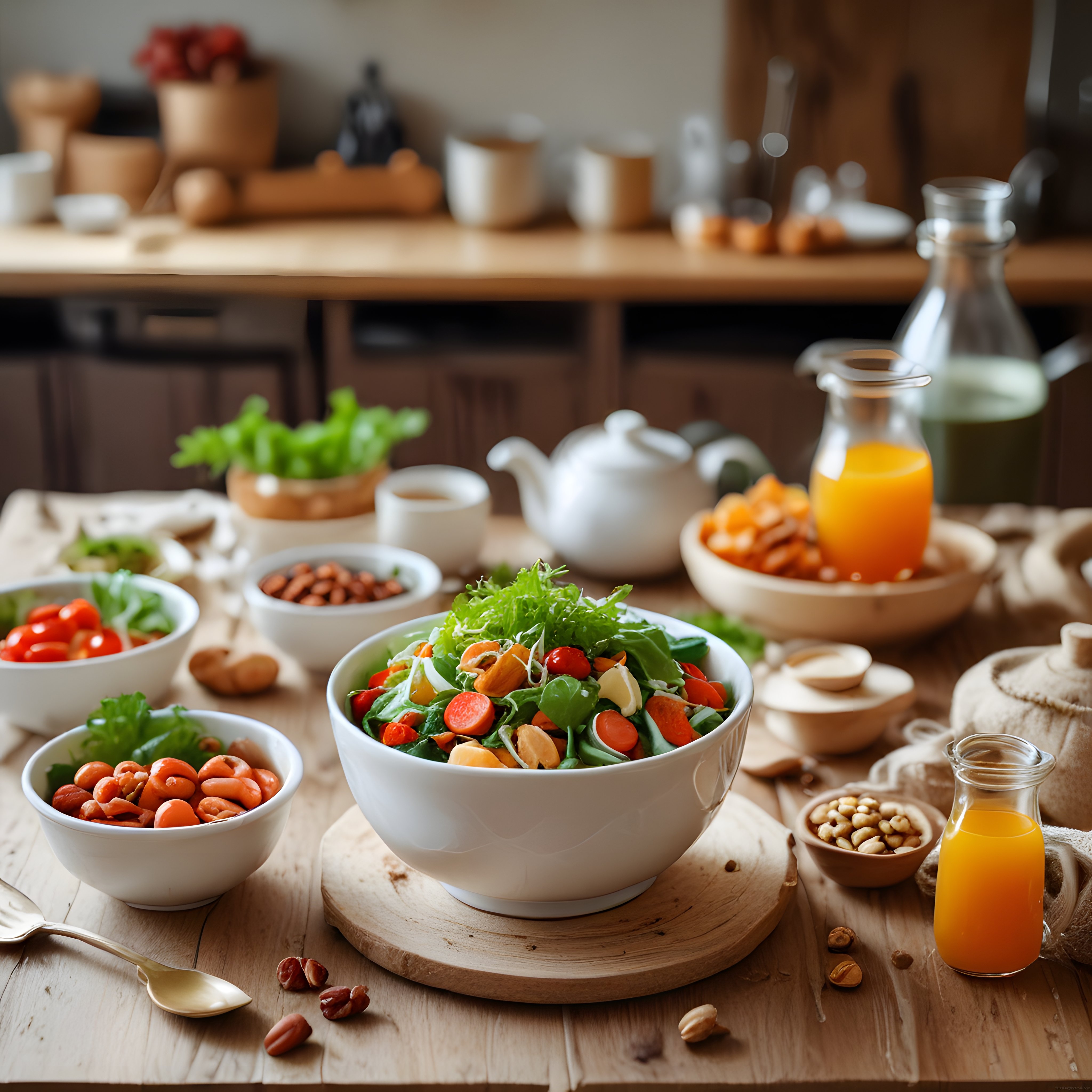 Rustik Ahşap Mutfakta Taze Sebzelerle Hazırlanan Sağlıklı Salata Sunumu