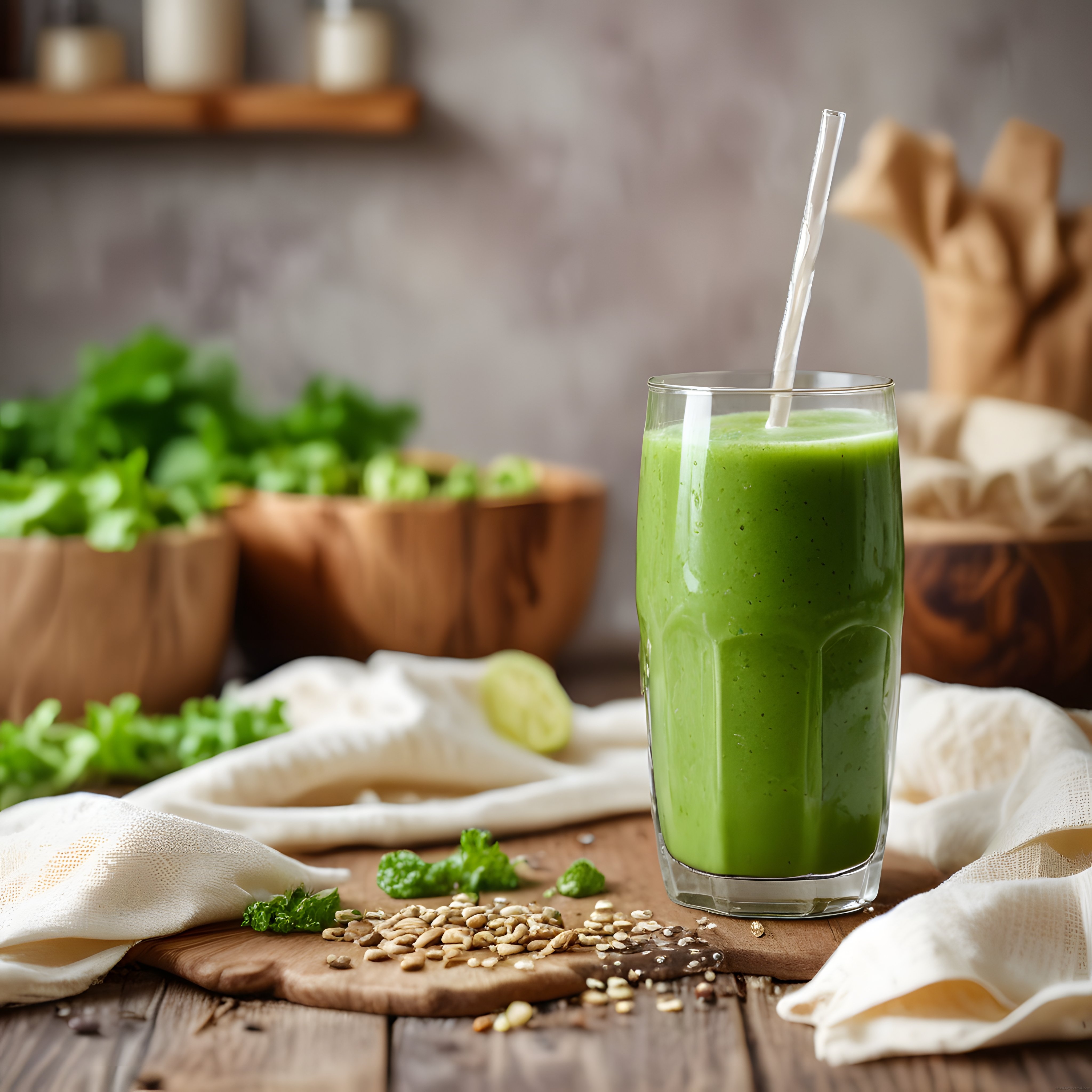 Rustik Ahşap Mutfakta Taze Yeşil Detoks Smoothie ve Sağlıklı Malzemeler
