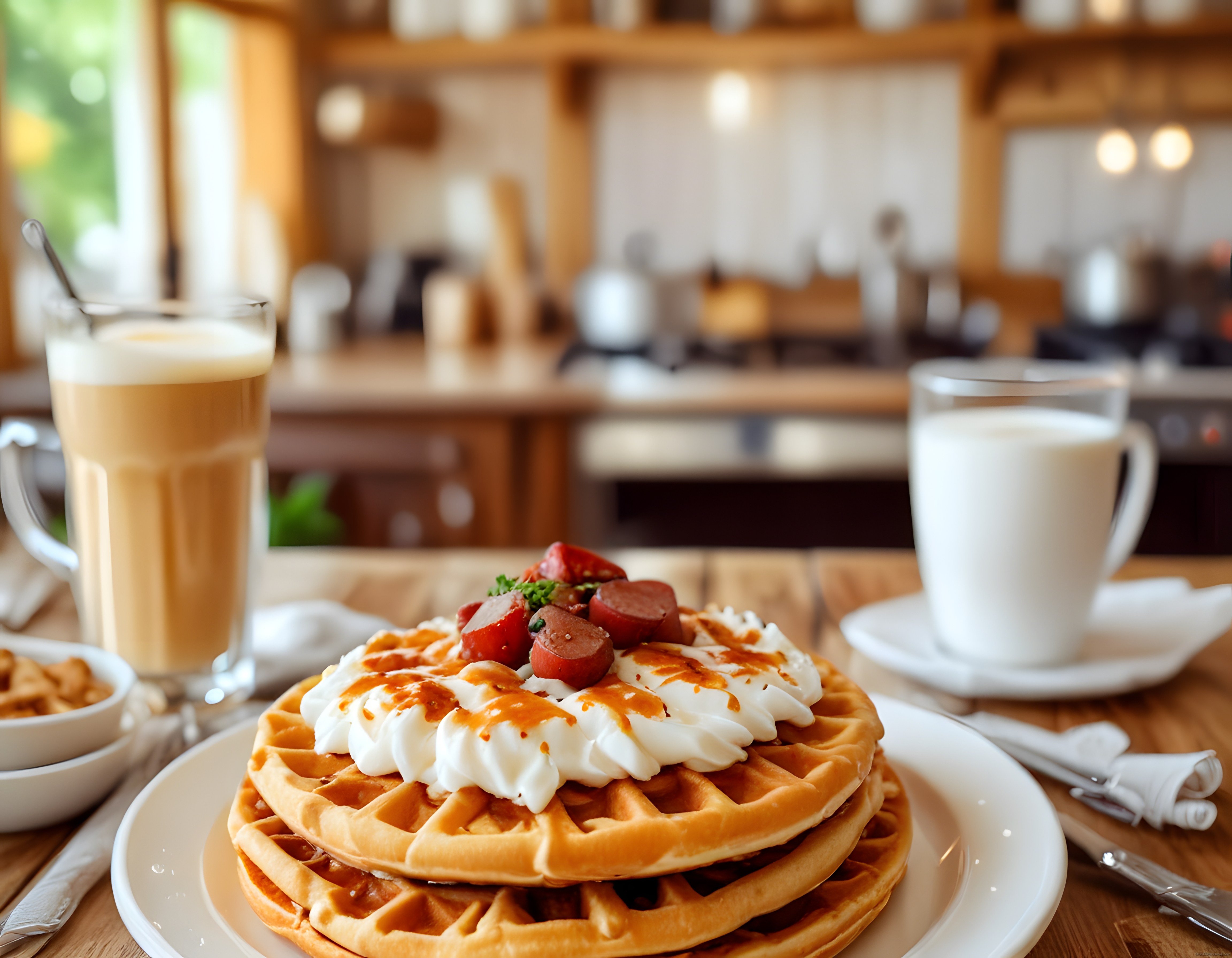 Rustik Ahşap Mutfakta Wafflelı ve Yumurtalı Sıcak Kahvaltı Masası