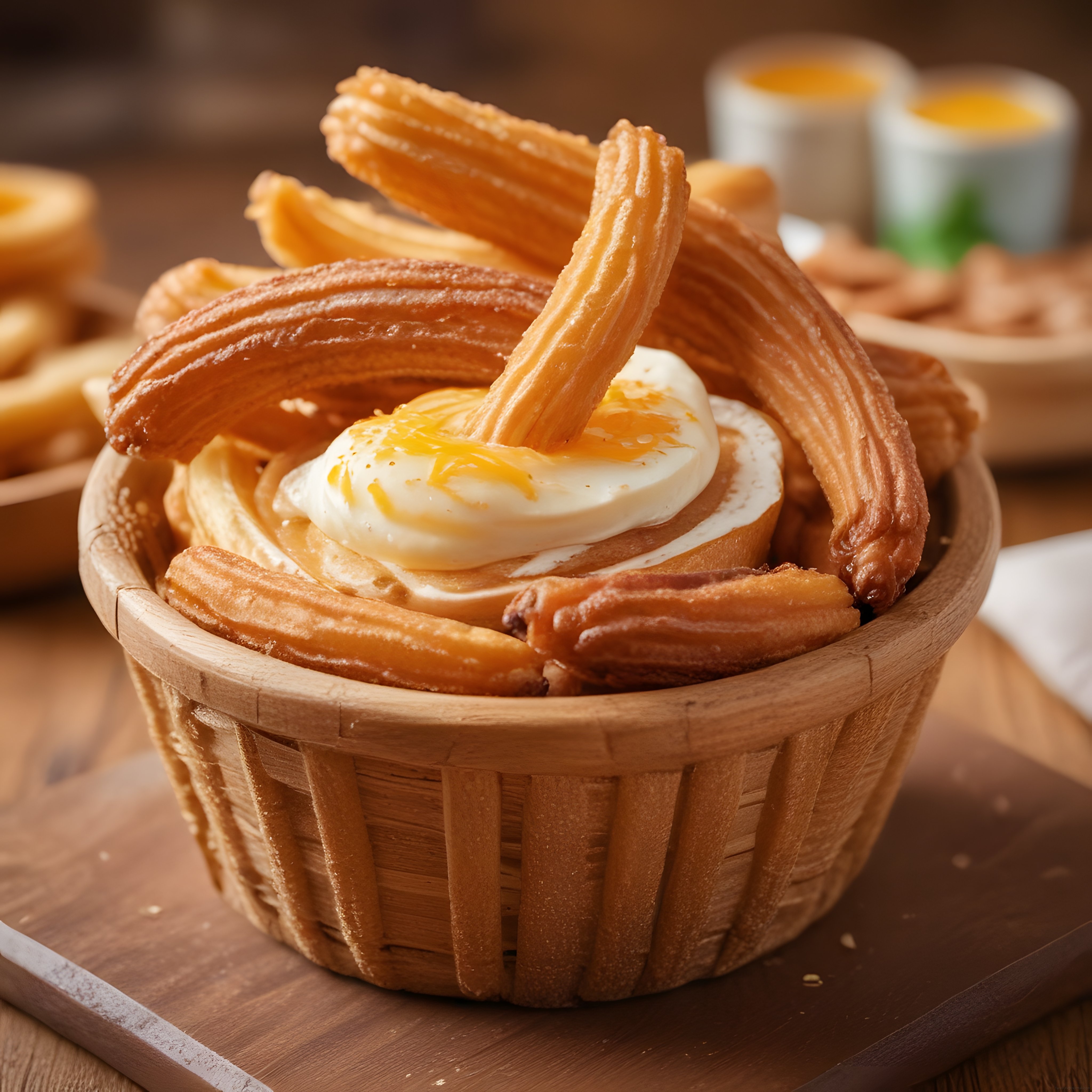 Rustik Ahşap Sepette Kızarmış Churros ve Yumurtalı Zengin Kahvaltı Tabağı