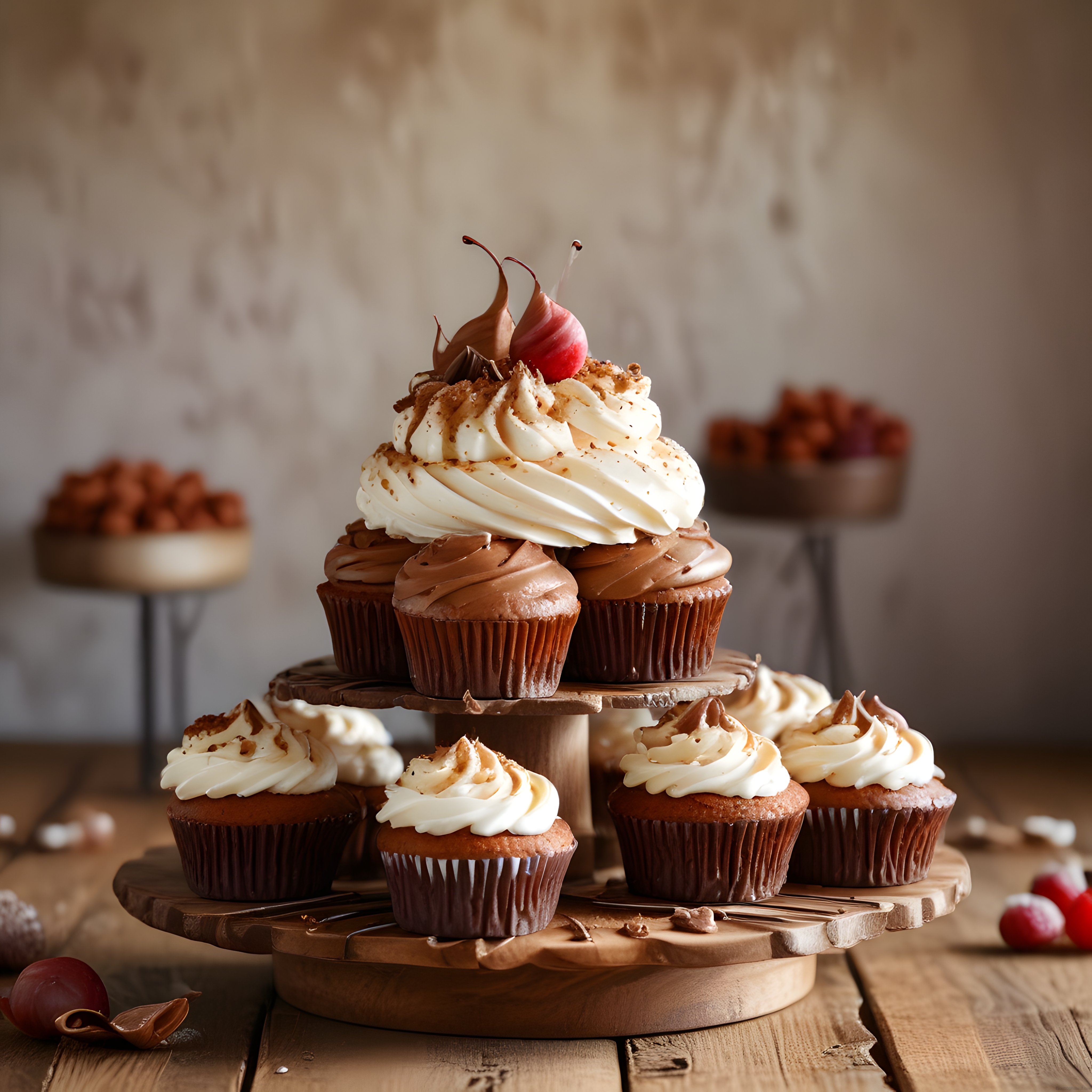 Rustik Ahşap Stand Üzerinde Çikolatalı Cupcake Kulesi ve Krema Süslemeleri