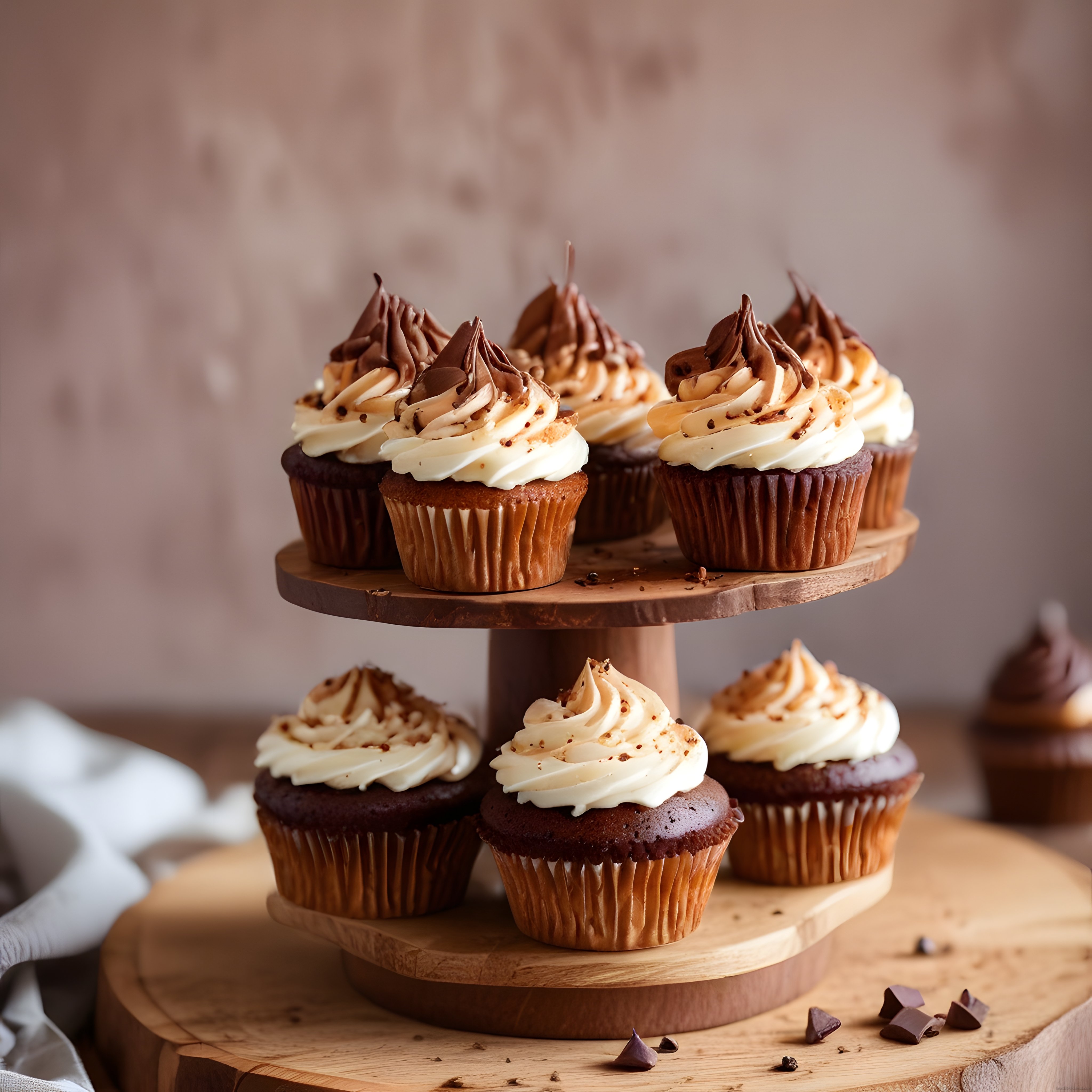 Rustik Ahşap Stand Üzerinde İki Katlı Çikolatalı ve Kremalı Cupcakeler