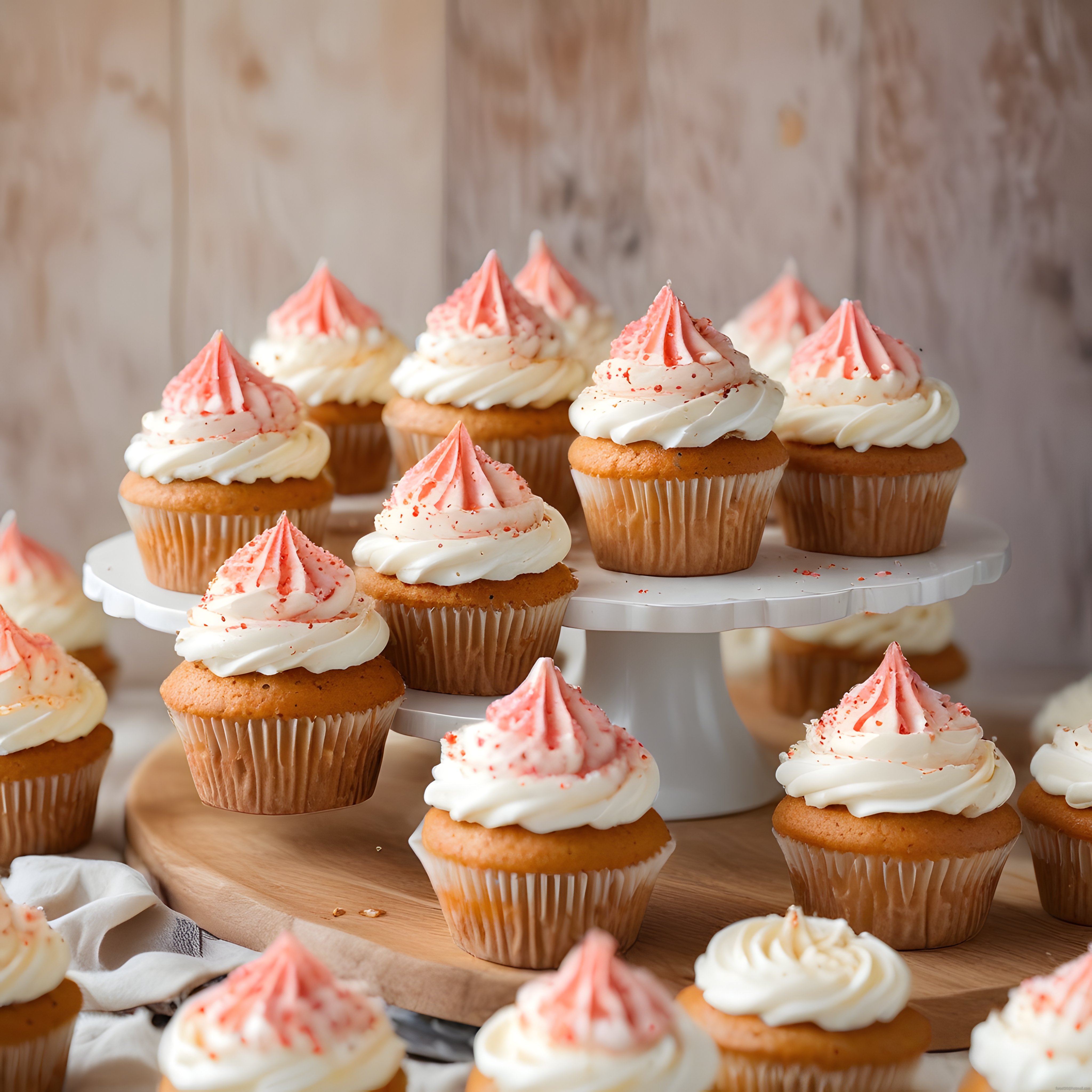 Rustik Ahşap Stand Üzerinde Pembe Beyaz Kremalı Cupcake Sunumu ve Mutfak Dekoru