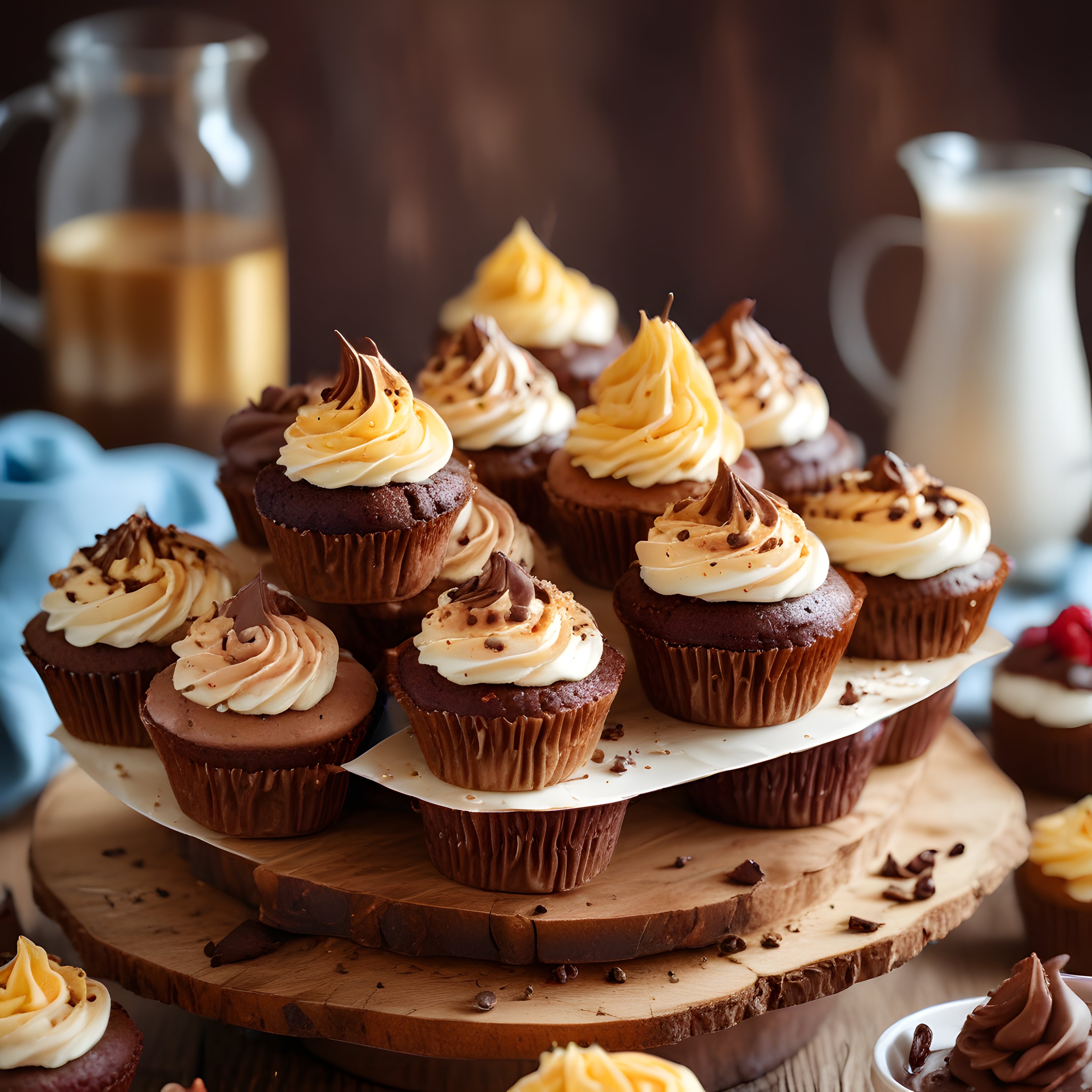 Rustik Ahşap Standda Çikolata ve Karamel Kremalı Cupcake'ler