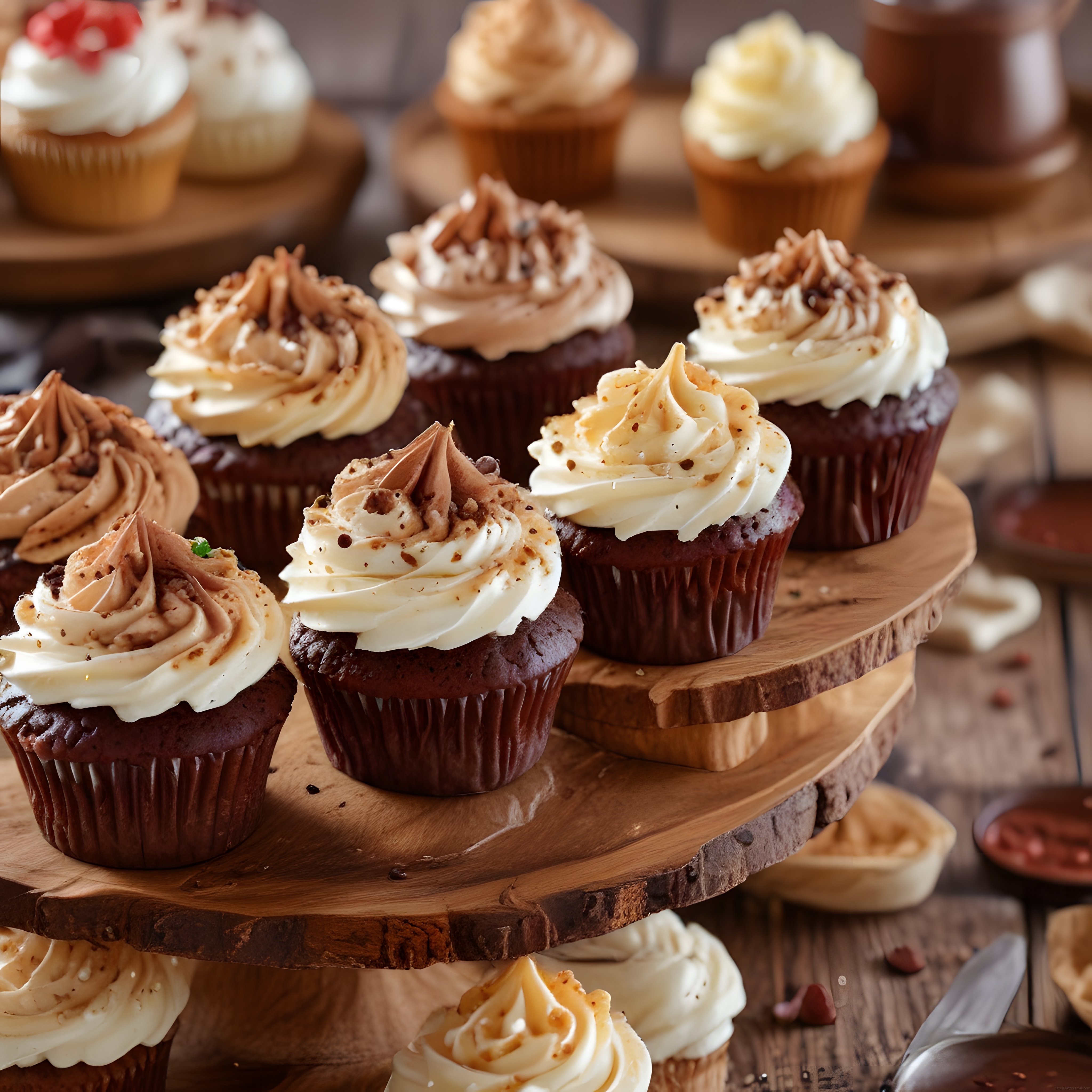 Rustik Ahşap Standda Sunum Yapılan Çikolatalı ve Kremalı Cupcake Çeşitleri