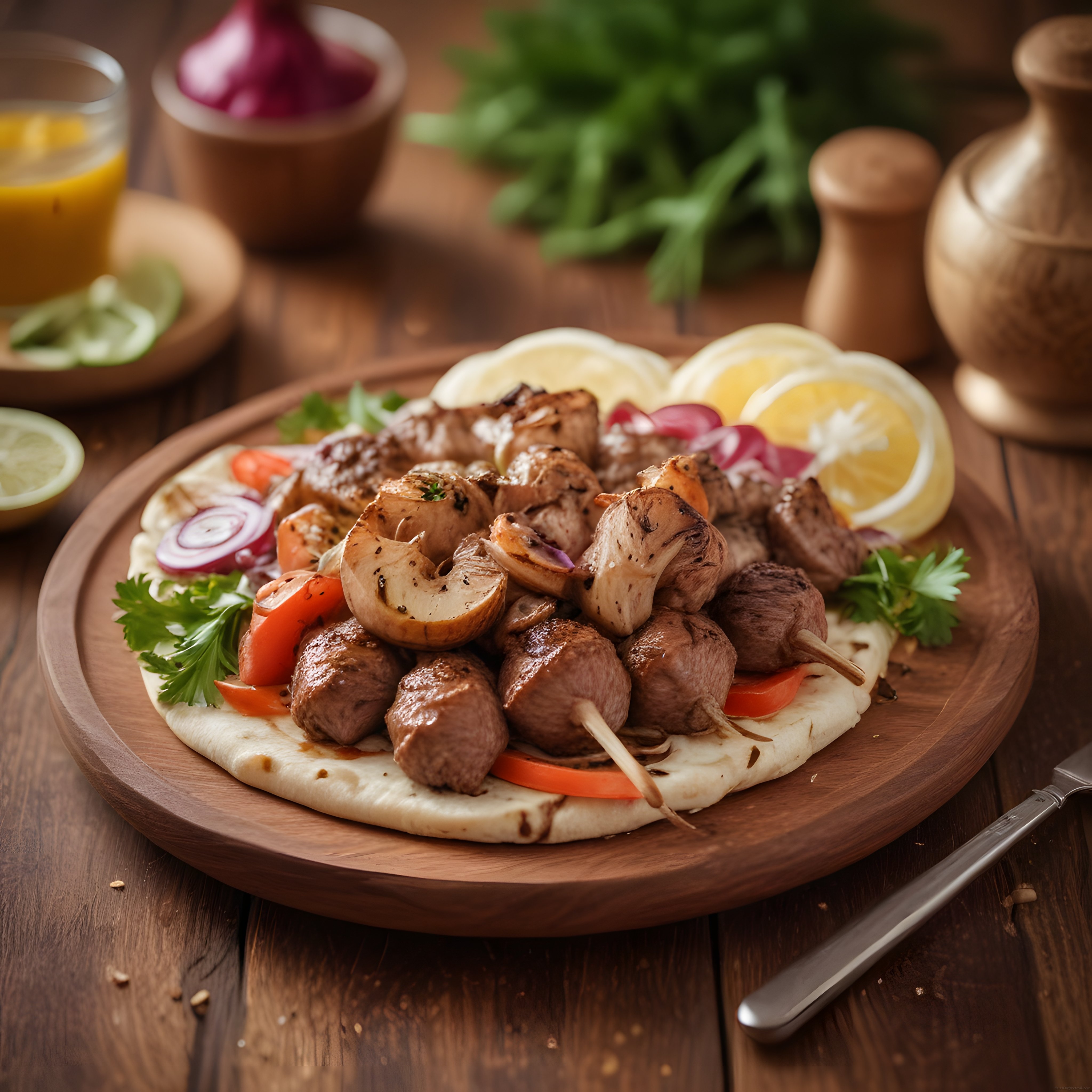 rustik ahşap sunum tabağında şiş kebap ve ızgara sebzelerle et şöleni