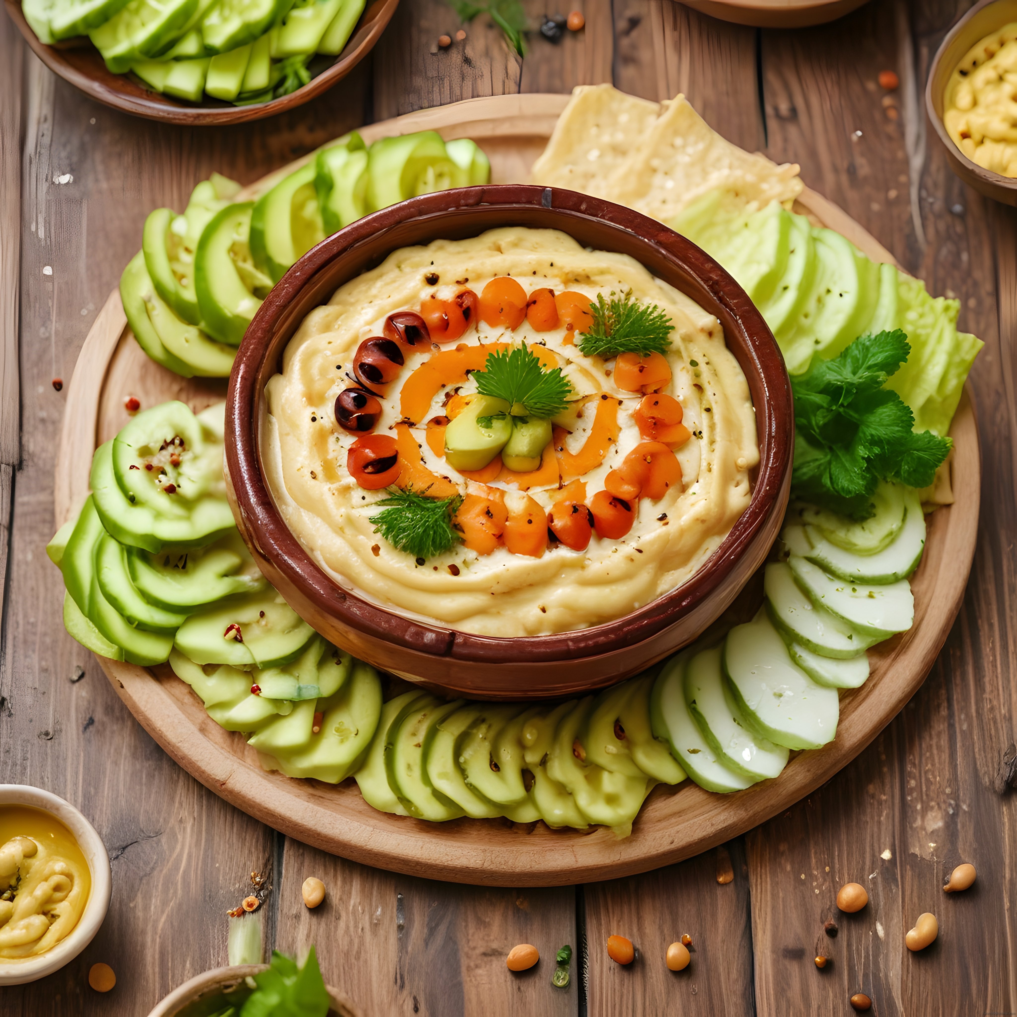 Rustik Ahşap Sunum Tabağında Zeytinyağlı Humus ve Taze Yeşil Sebzeler
