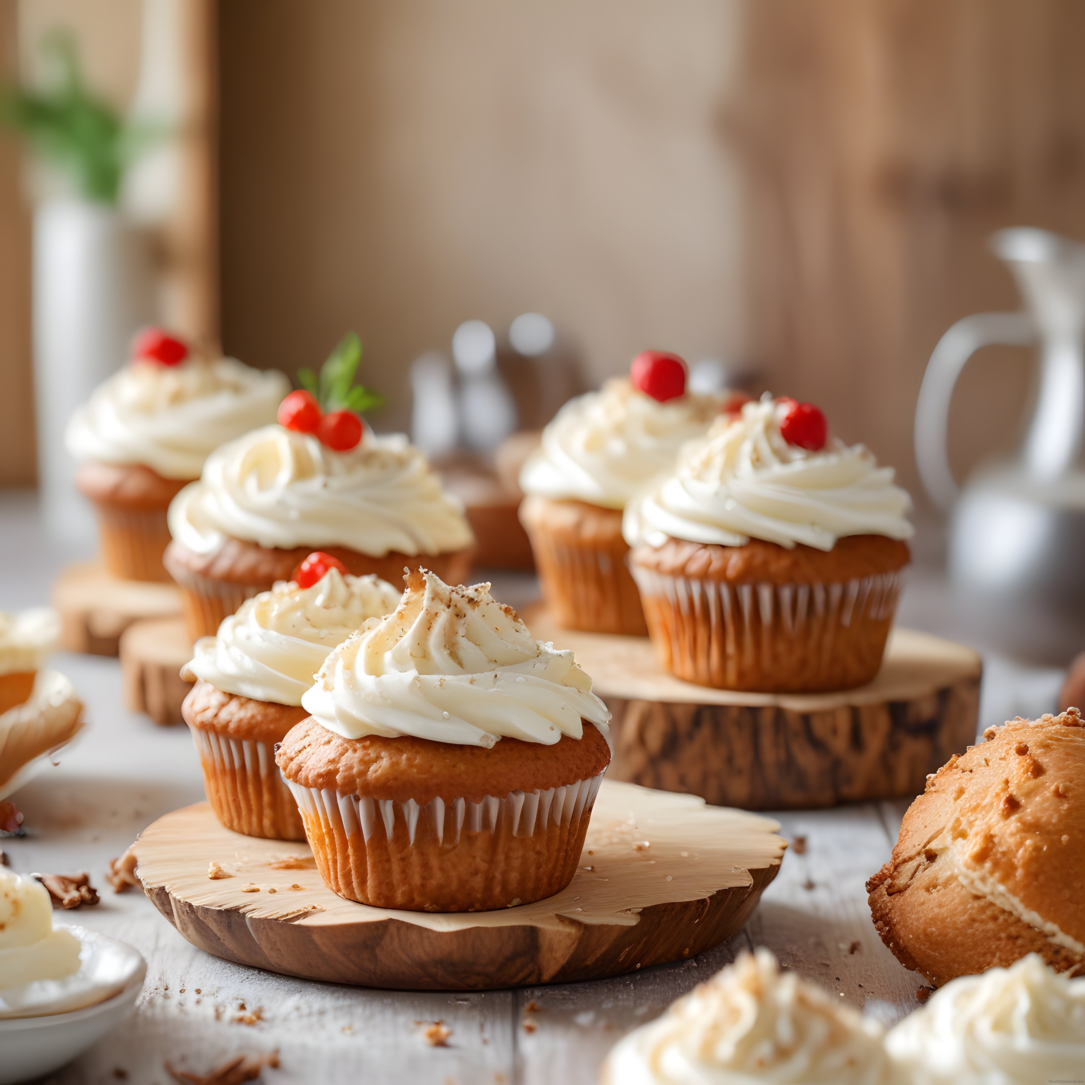Rustik Ahşap Sunum Tahtalarında Kremalı Cupcake ve Ev Yapımı Muffinler