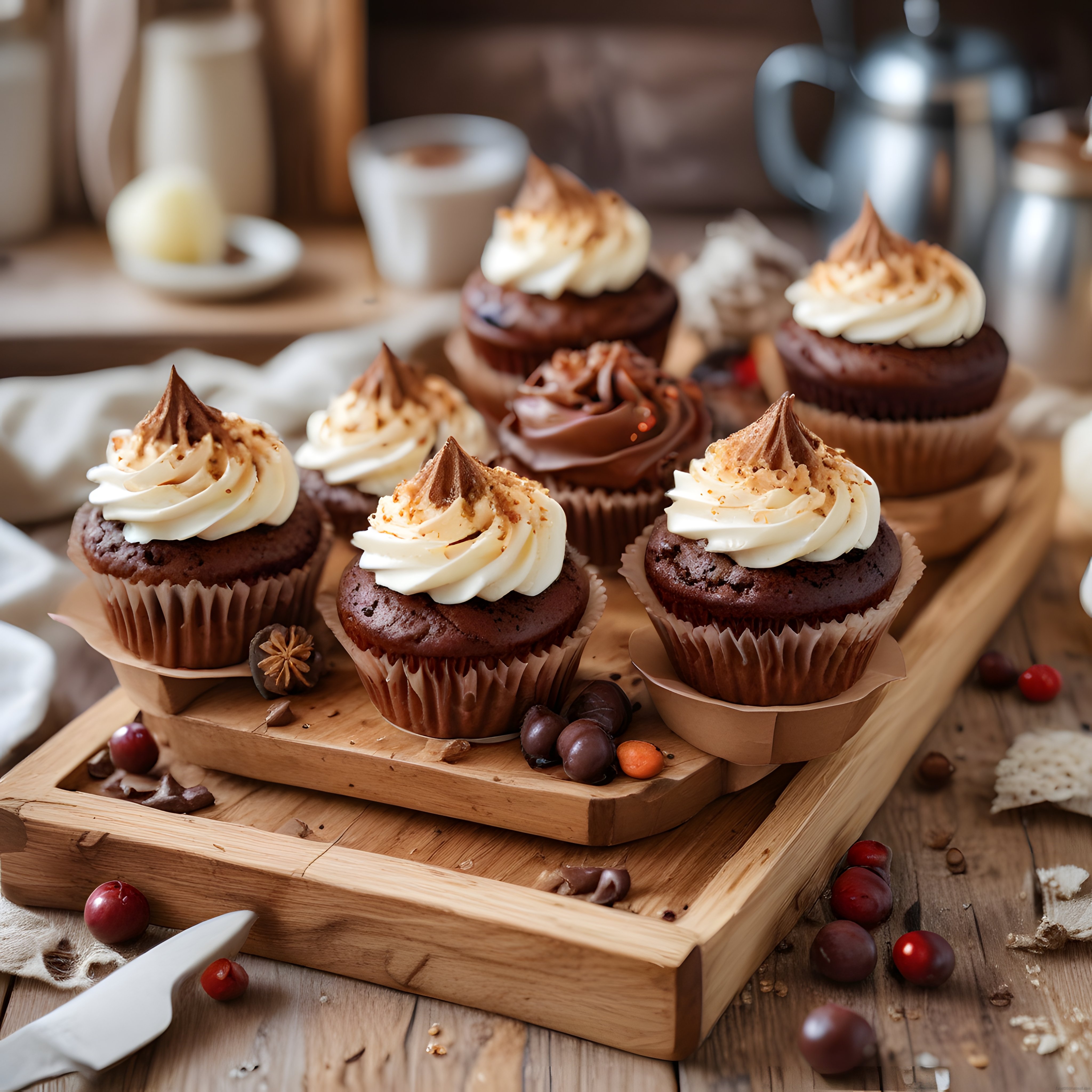 Rustik Ahşap Sunum Tahtası Üzerinde Çikolatalı Cupcakeler ve Krema Süslemeleri