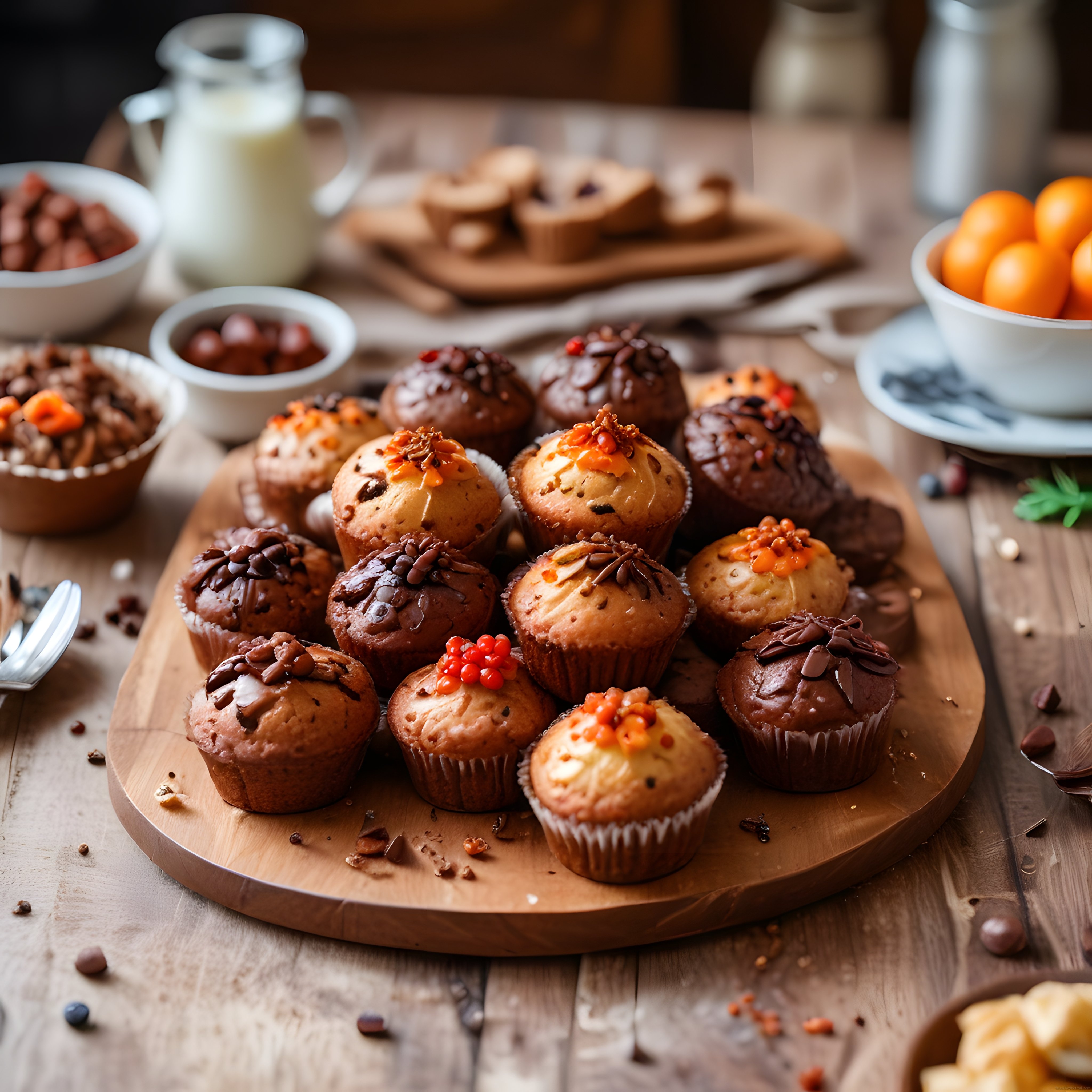Rustik Ahşap Sunum Tahtası Üzerinde Çikolatalı ve Meyveli Muffin Çeşitleri