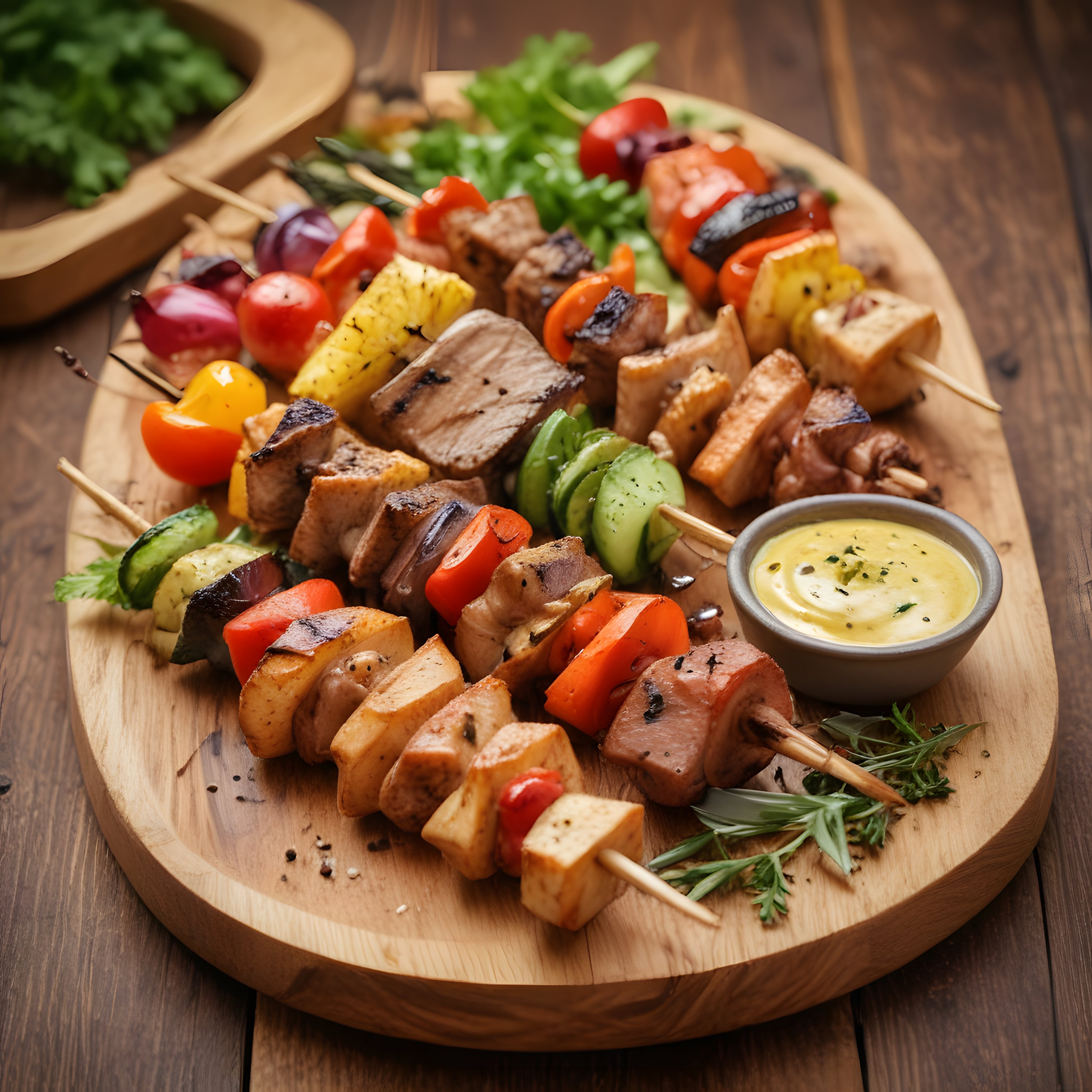 Rustik ahşap sunum tahtası üzerinde ızgara şiş kebap çeşitleri ve baharatlı sos