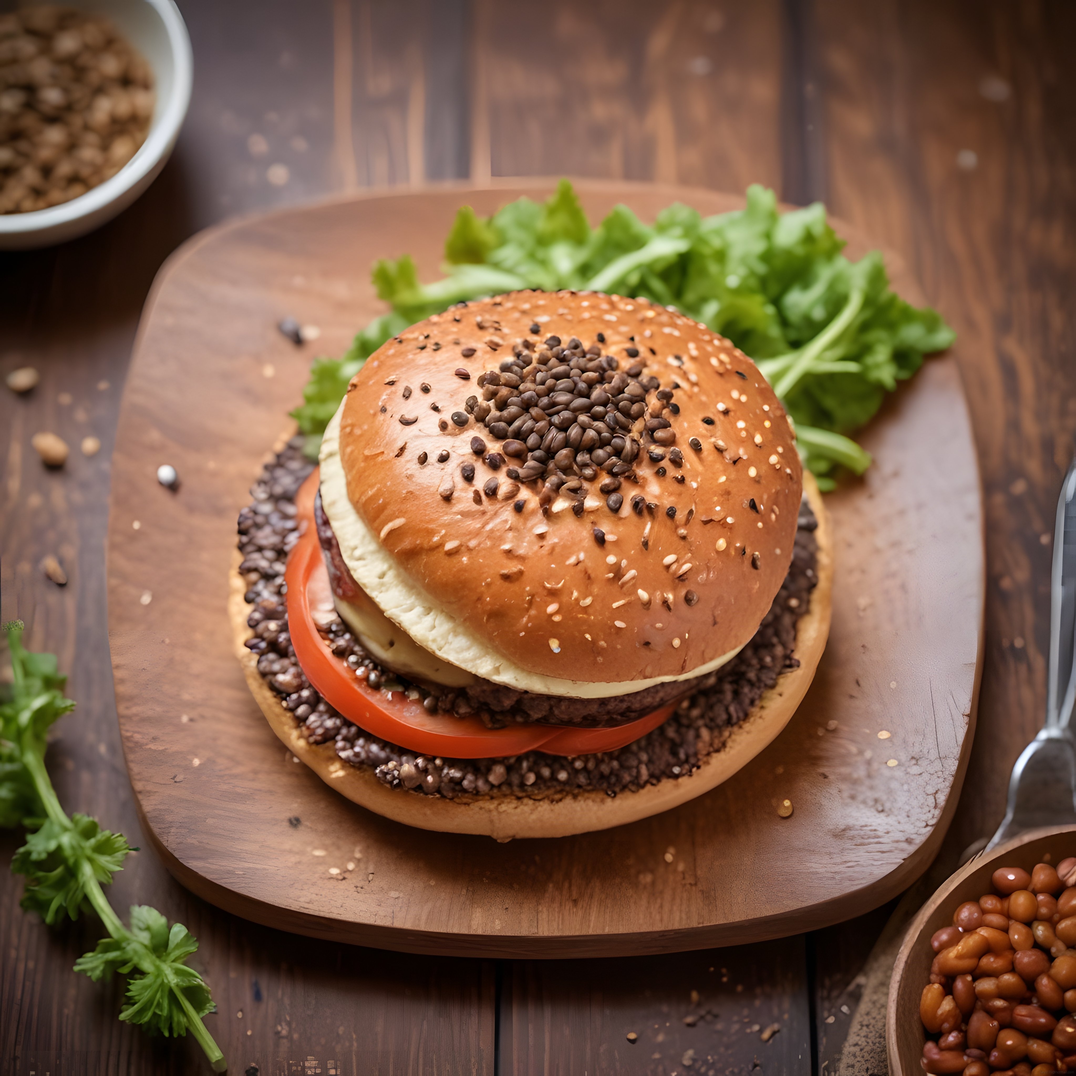 Rustik Ahşap Sunum Tahtası Üzerinde Nefis Susamlı Gourmet Burger