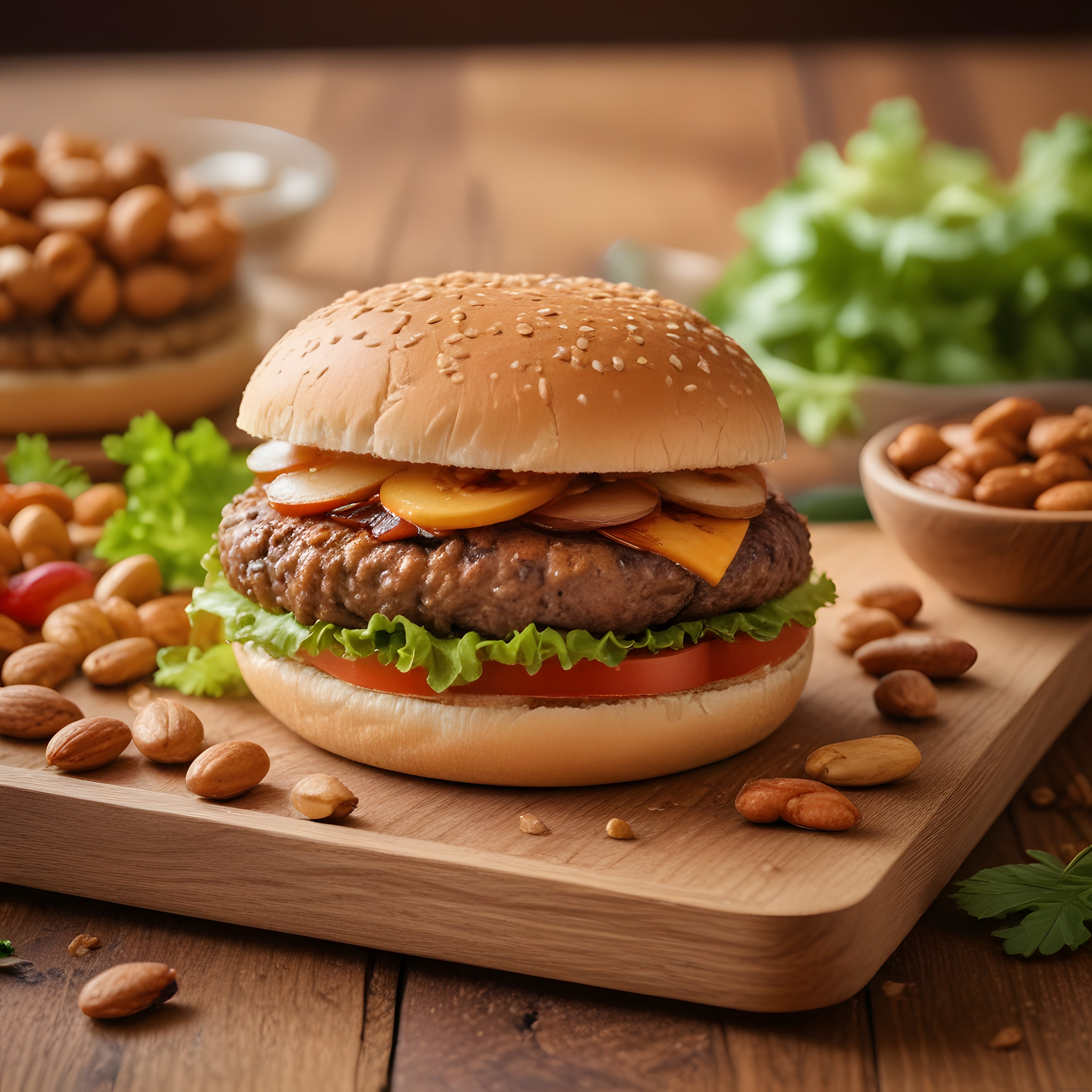 Rustik ahşap sunum tahtası üzerinde nefis susamlı hamburger ve fıstık detayları