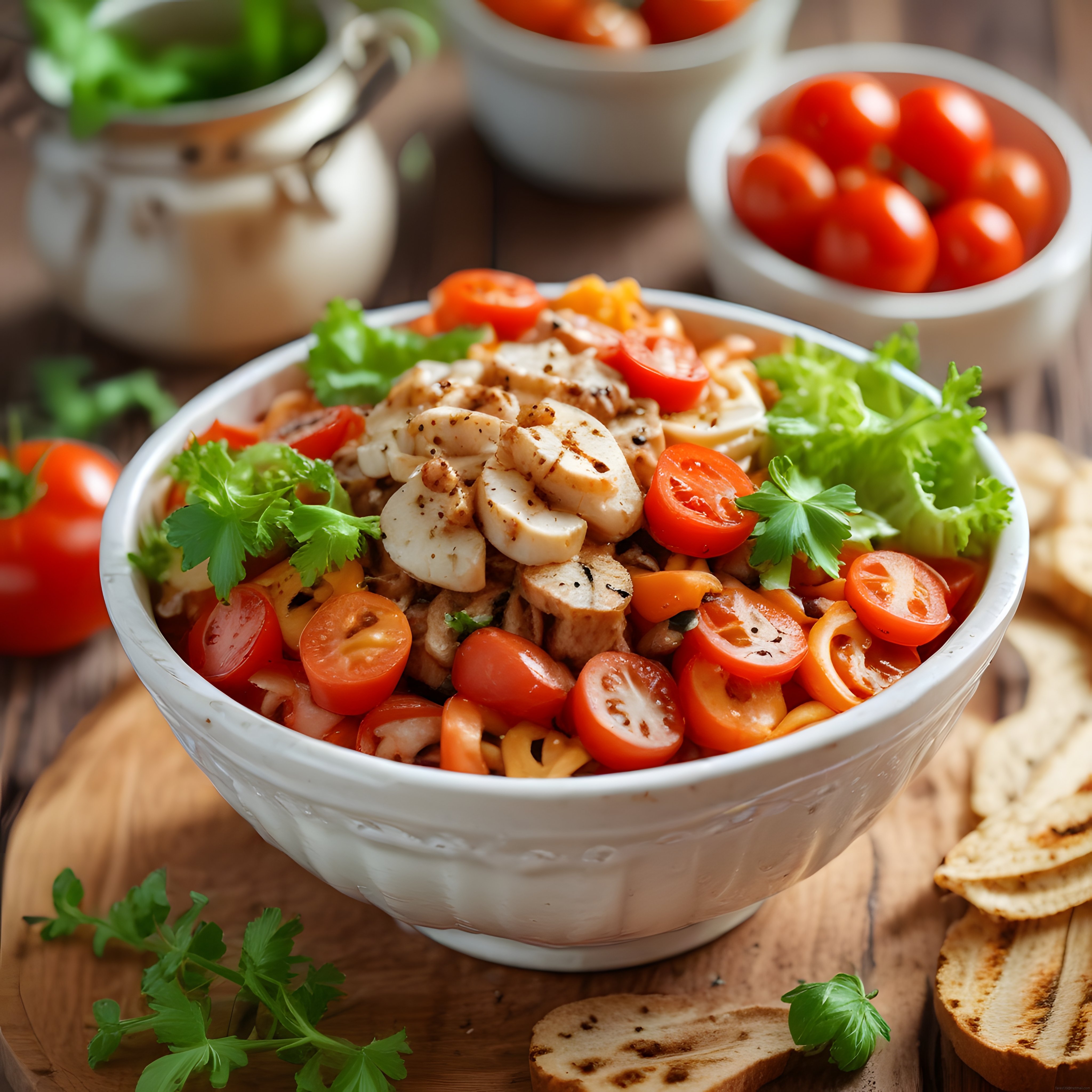 Rustik Ahşap Sunum Tahtası Üzerinde Tavuklu Avokadolu Sağlıklı Salata