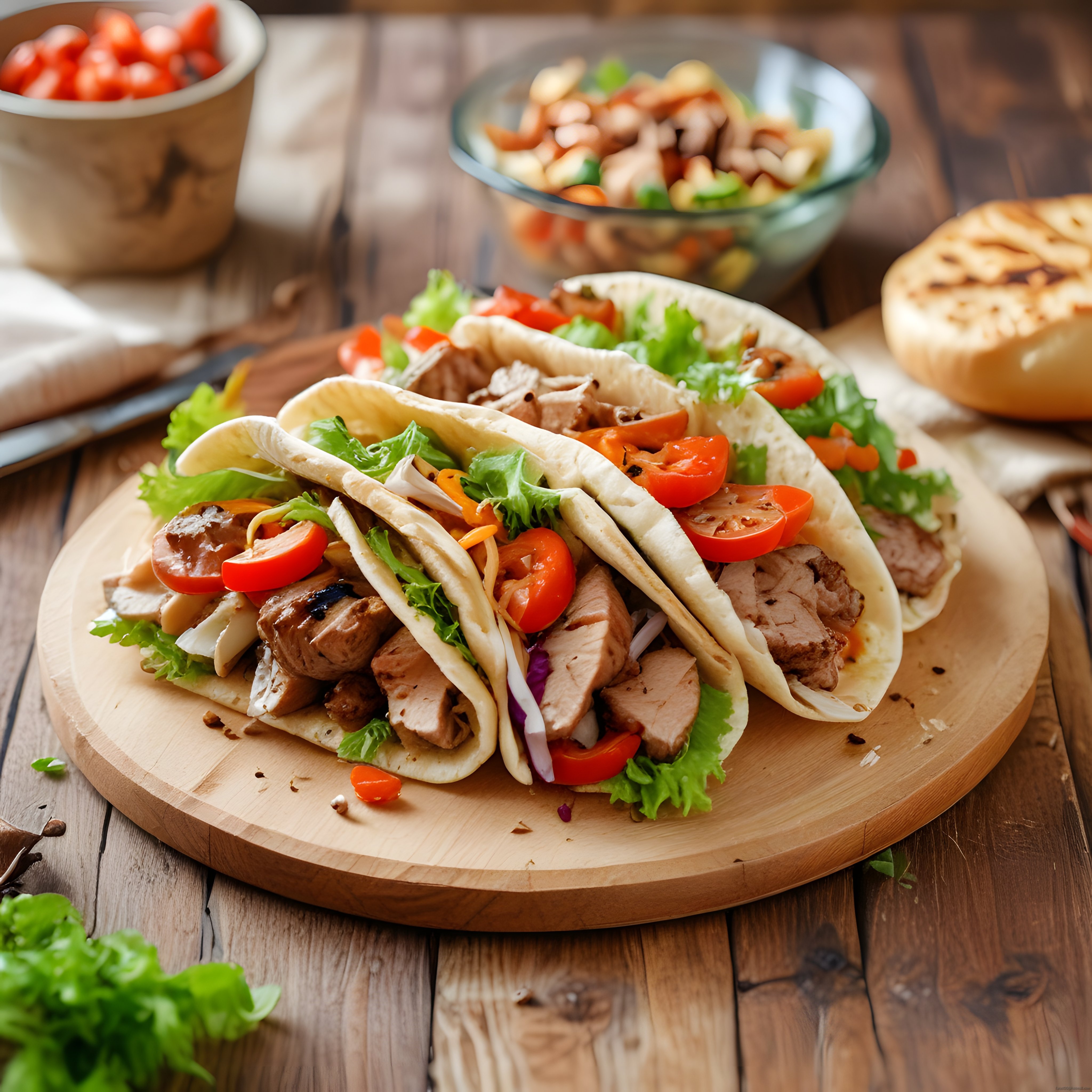 Rustik Ahşap Sunum Tahtası Üzerinde Tavuklu Tacos ve Taze Sebzeler