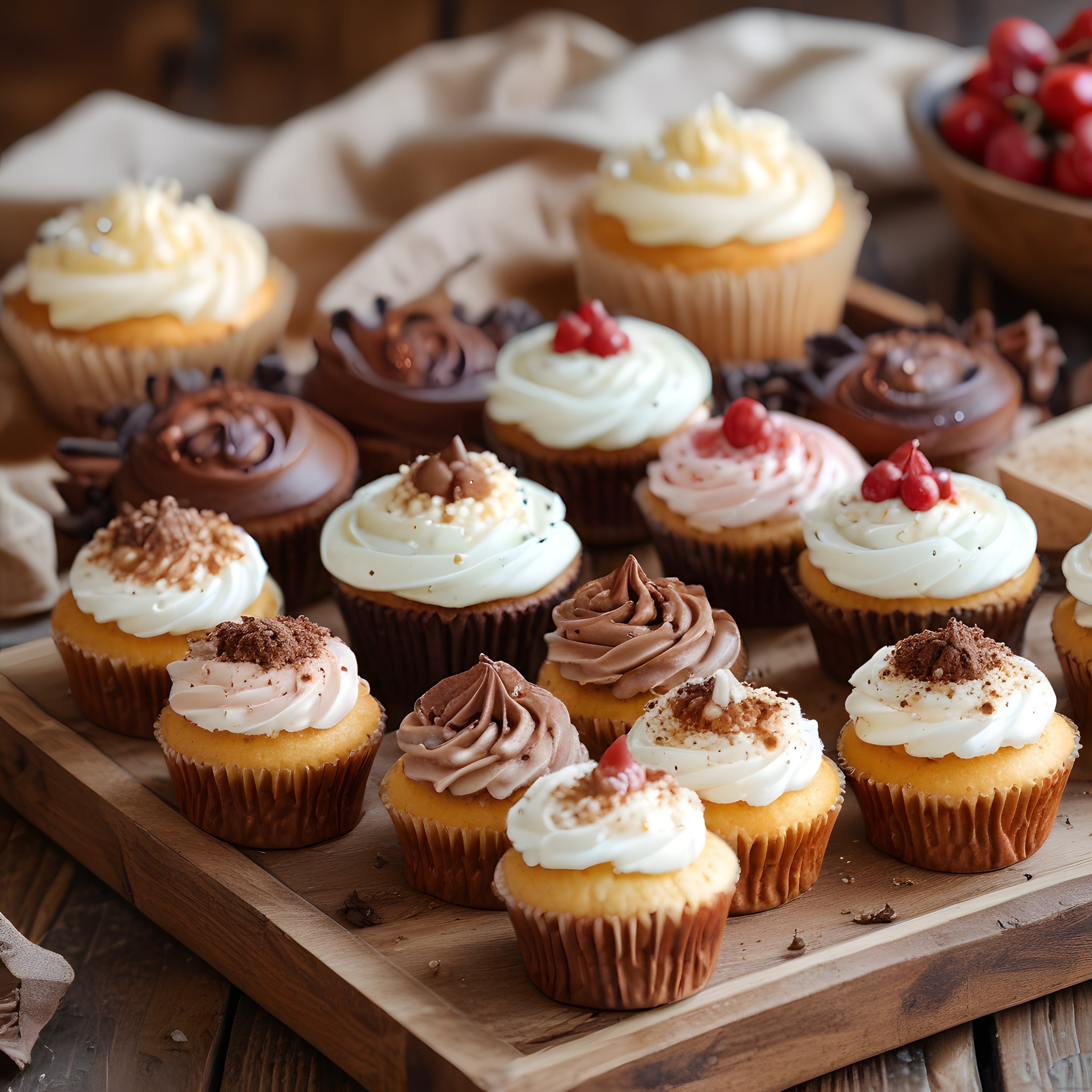 Rustik Ahşap Sunum Tahtasında Çeşitli Kremalı ve Çikolatalı Cupcake Tatlıları
