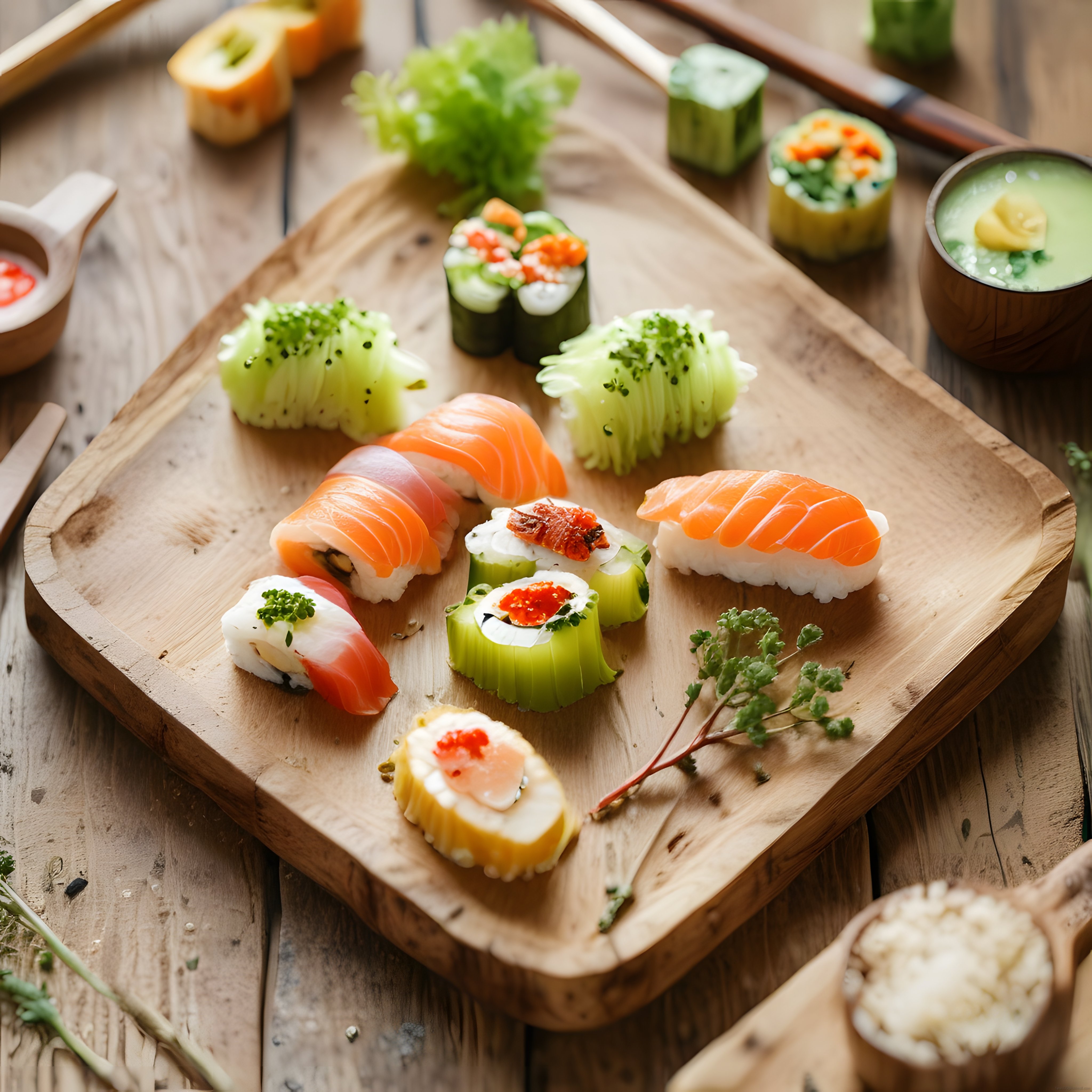 Rustik Ahşap Sunum Tahtasında Çeşitli Somonlu ve Salatalıklı Sushi Tabağı