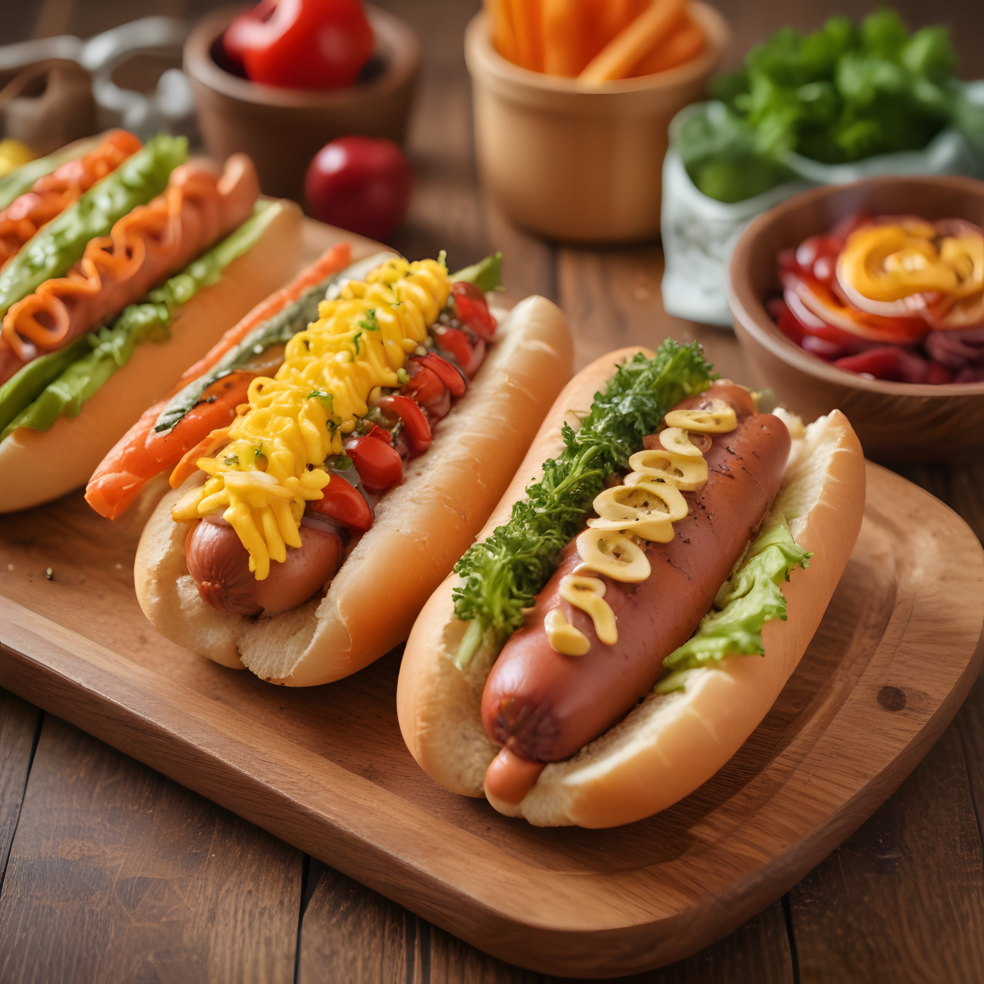 Rustik Ahşap Sunum Tahtasında Çeşitli Soslarla Süslenmiş Lezzetli Hot Doglar