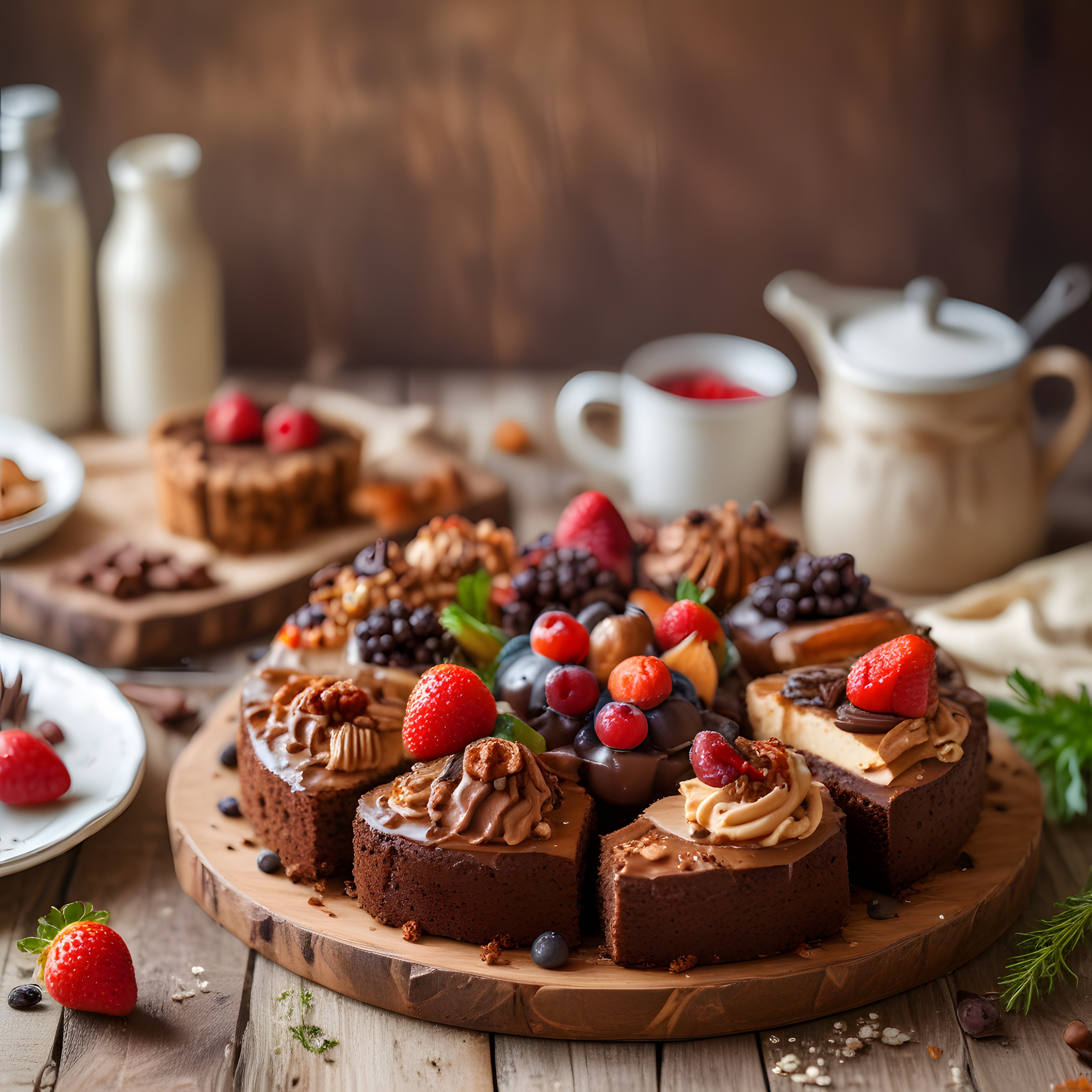 rustik ahşap sunum tahtasında çilekli brownie ve çikolatalı tatlı tabağı