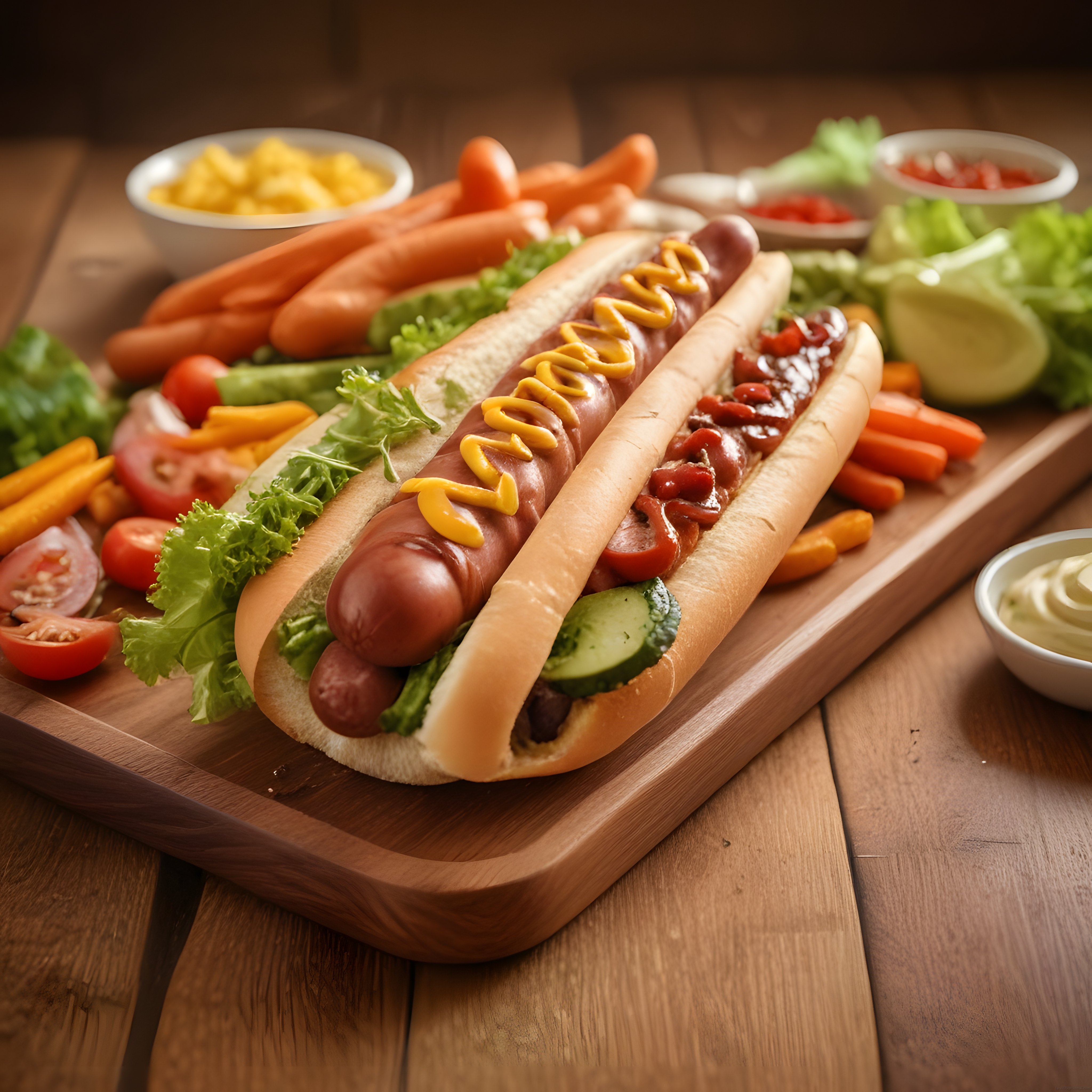 Rustik Ahşap Sunum Tahtasında Hardal ve Ketçapla Süslenmiş Klasik Hot Dog