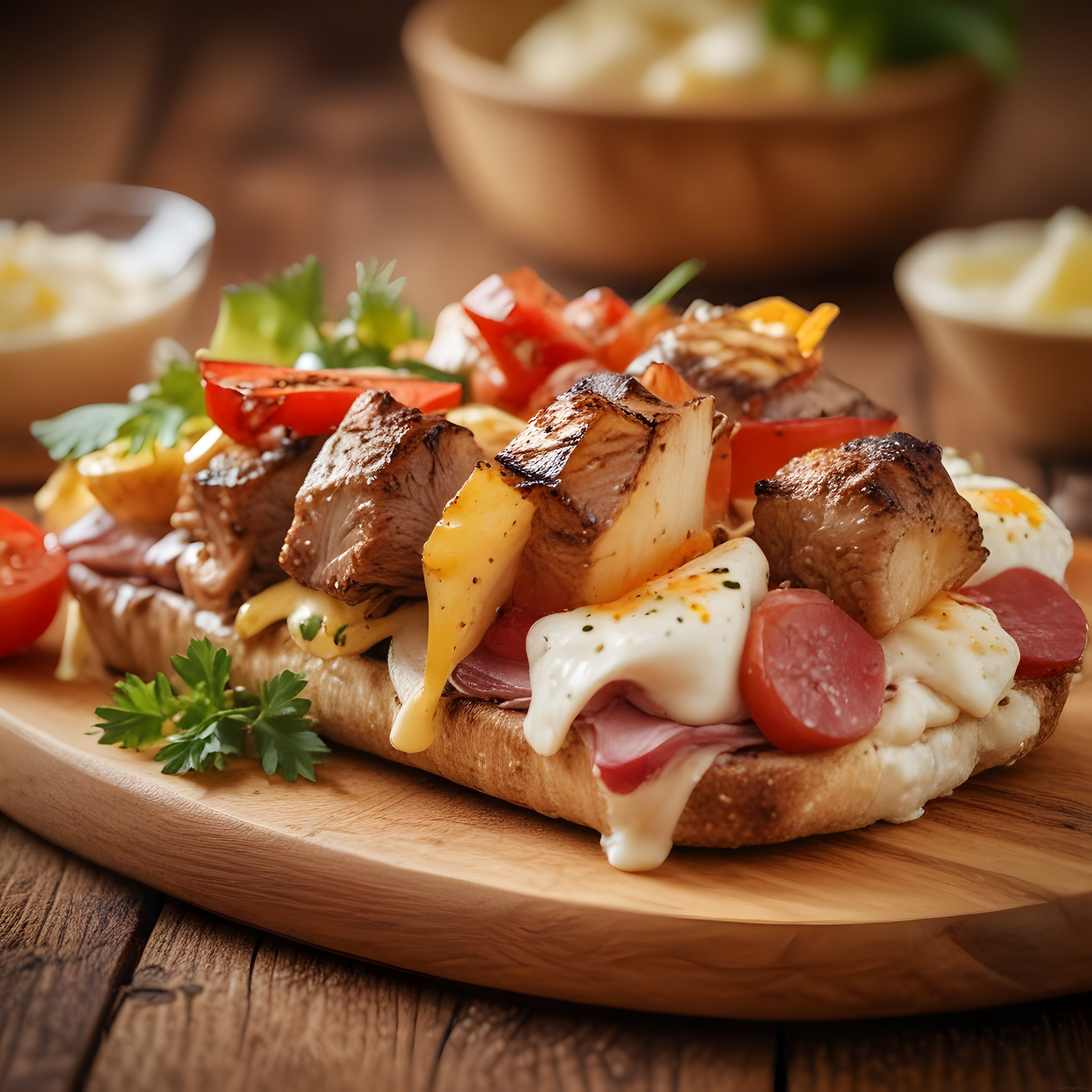 rustik ahşap sunum tahtasında ızgara et sucuk ve eriyen peynirli açık tost