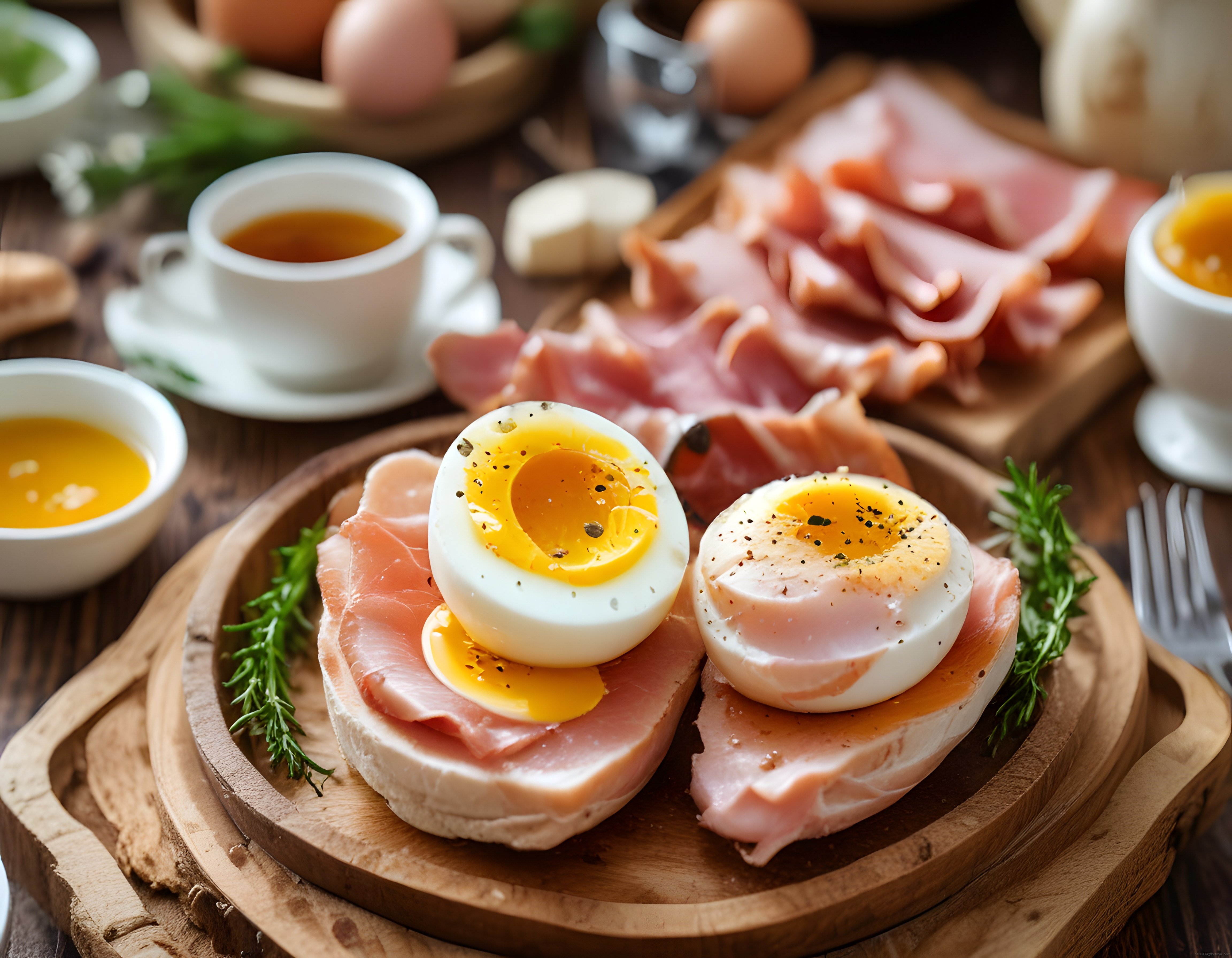 Rustik Ahşap Sunum Tahtasında Jambonlu Yumurta ve Çay ile Kahvaltı Keyfi