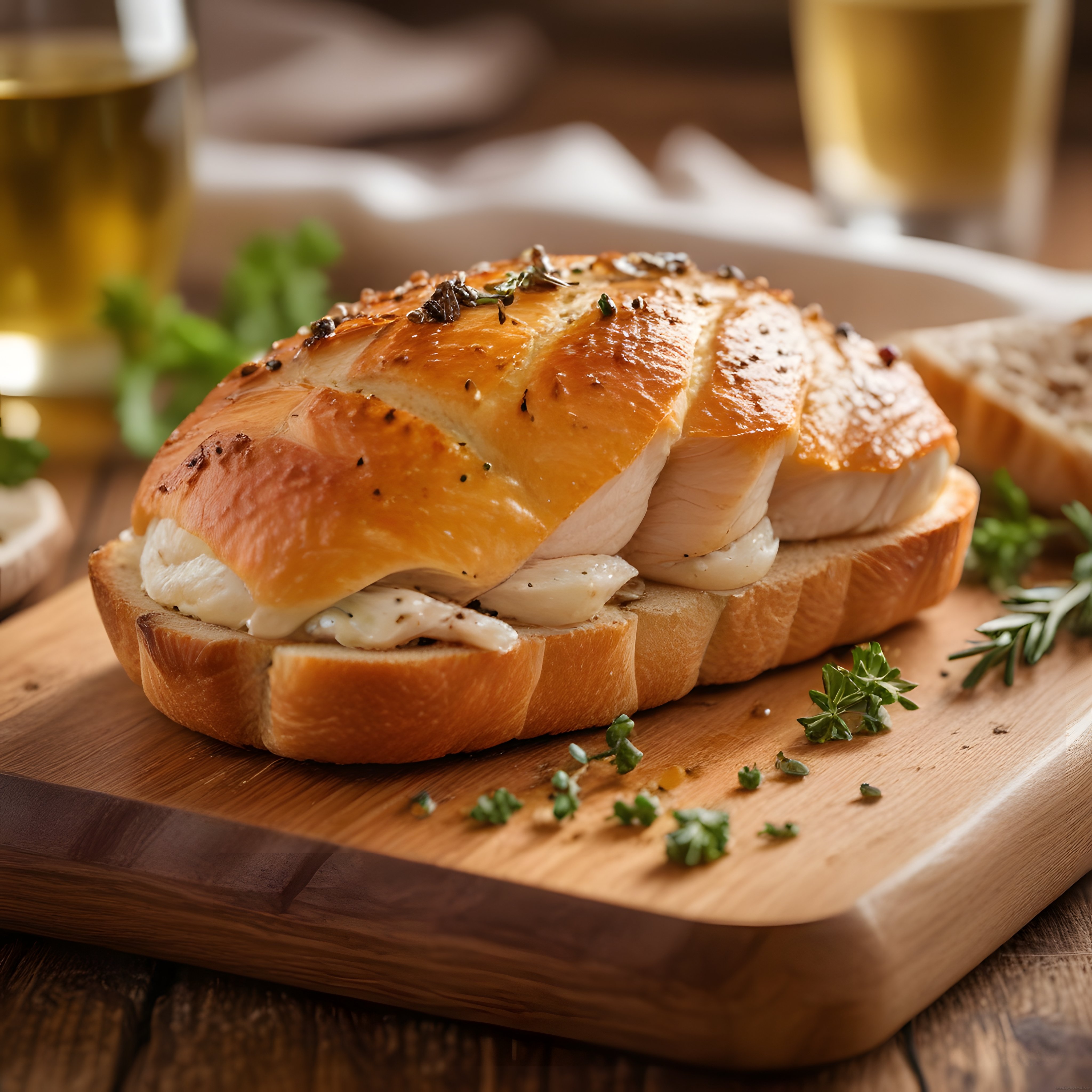 Rustik ahşap sunum tahtasında kızarmış tavuklu gurme tost ve baharatlar
