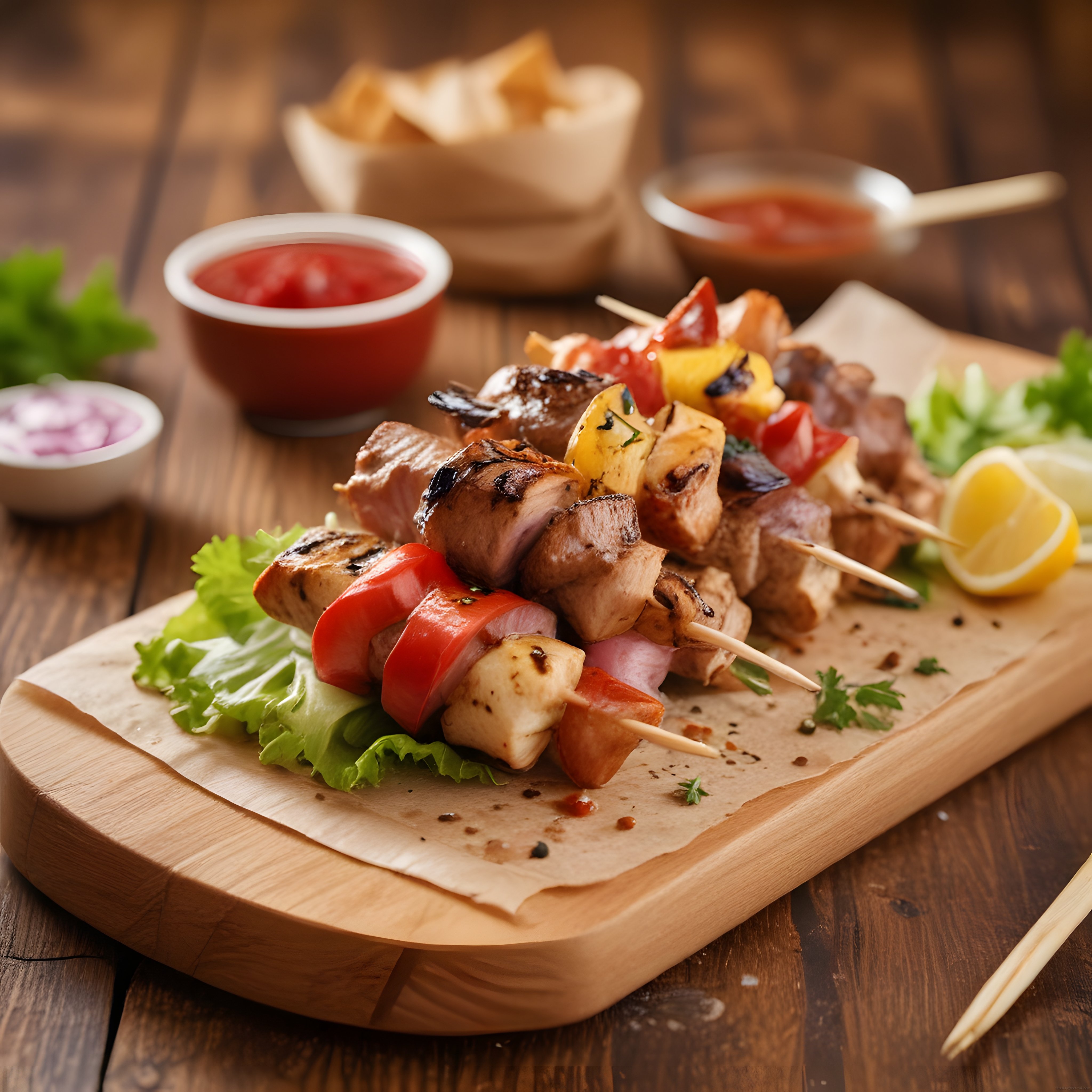 Rustik Ahşap Sunum Tahtasında Közde Pişmiş Etli ve Sebzeli Şiş Kebap
