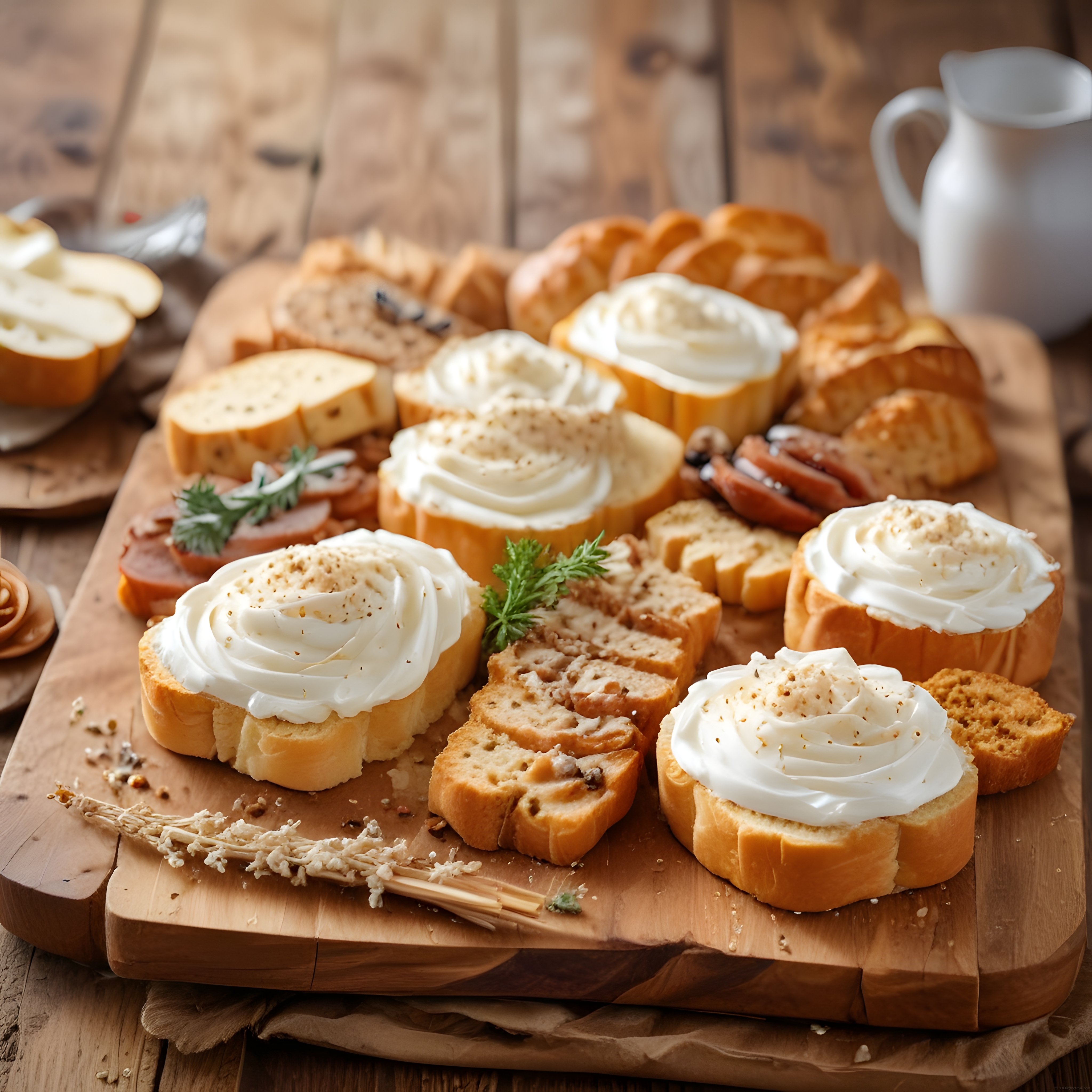 Rustik Ahşap Sunum Tahtasında Krem Peynirli Ekmek Dilimleri ve Brunch Keyfi