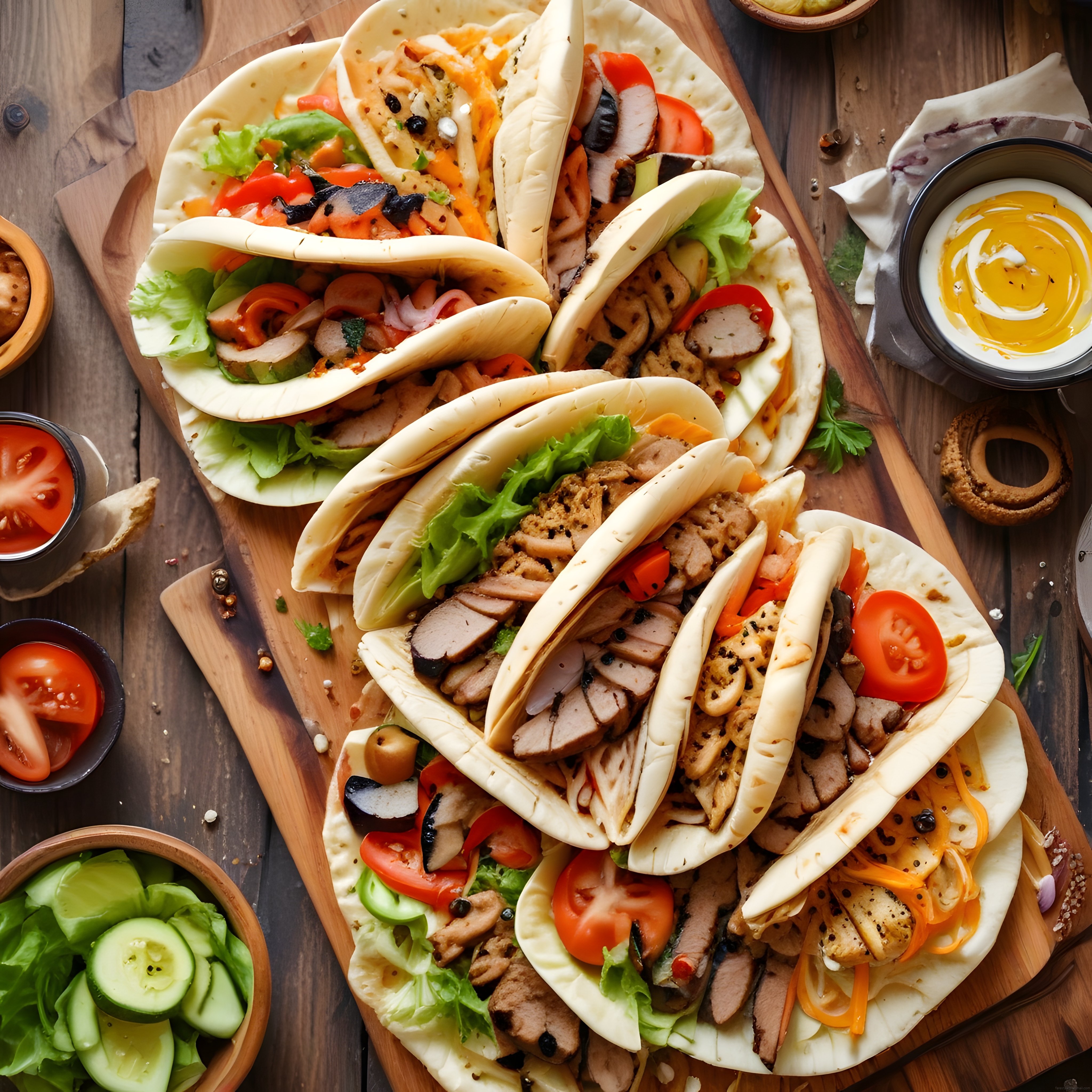 Rustik Ahşap Sunum Tahtasında Lezzetli ve Sağlıklı Taco Çeşitleri