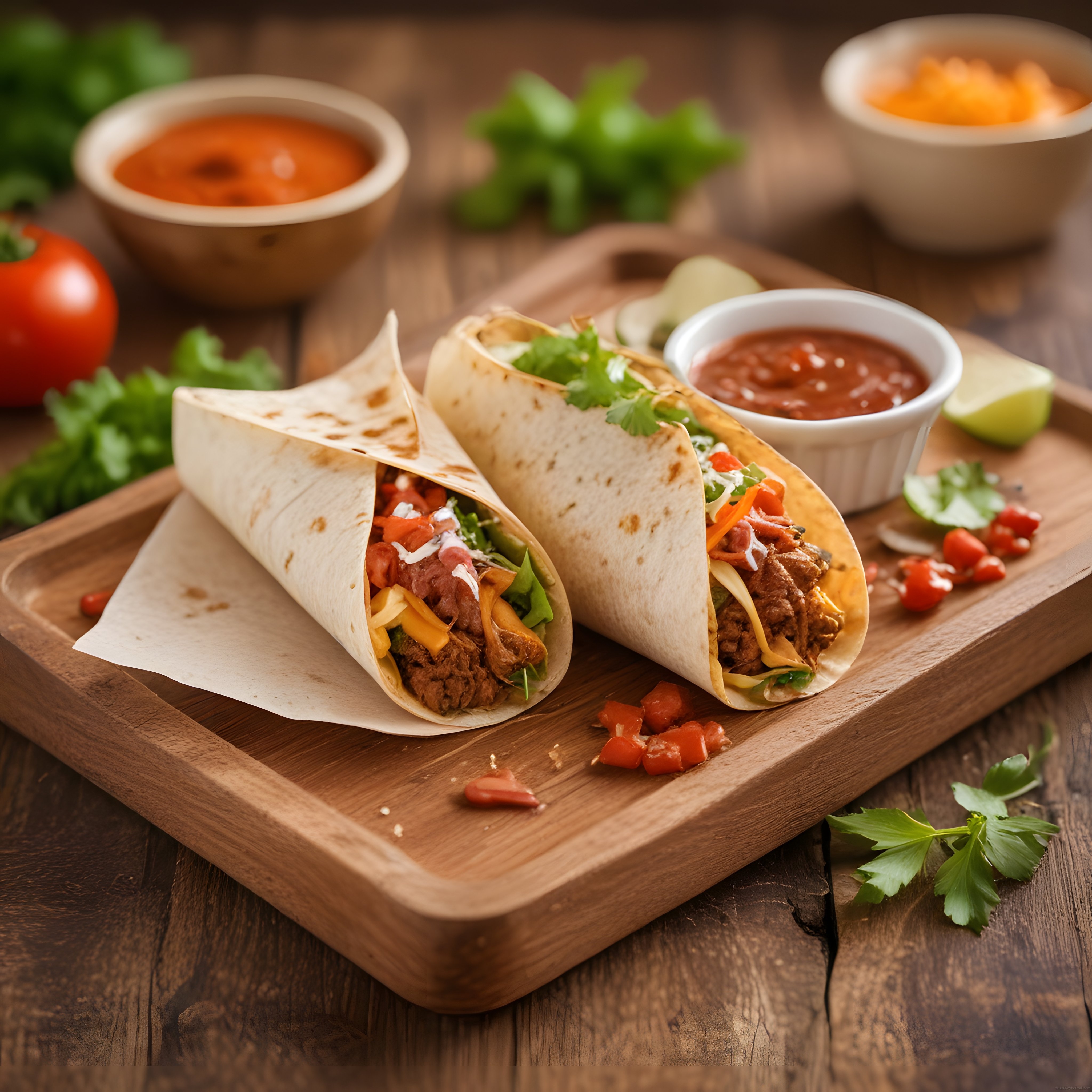 Rustik Ahşap Sunum Tahtasında Meksika Usulü Taco ve Salsa Sosu