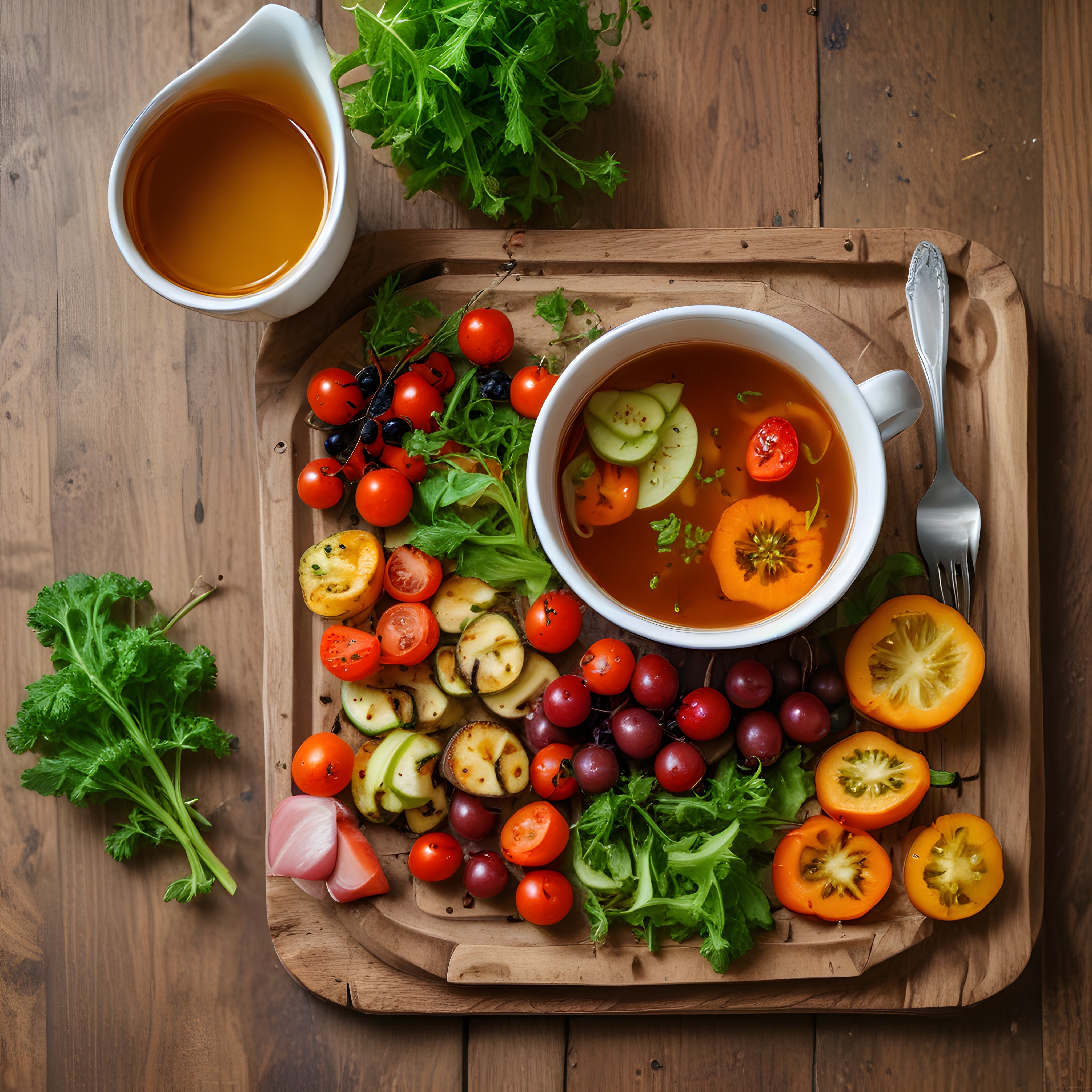 Rustik Ahşap Sunum Tahtasında Organik Sebzeler ve Domates Çorbası ile Vegan Öğün