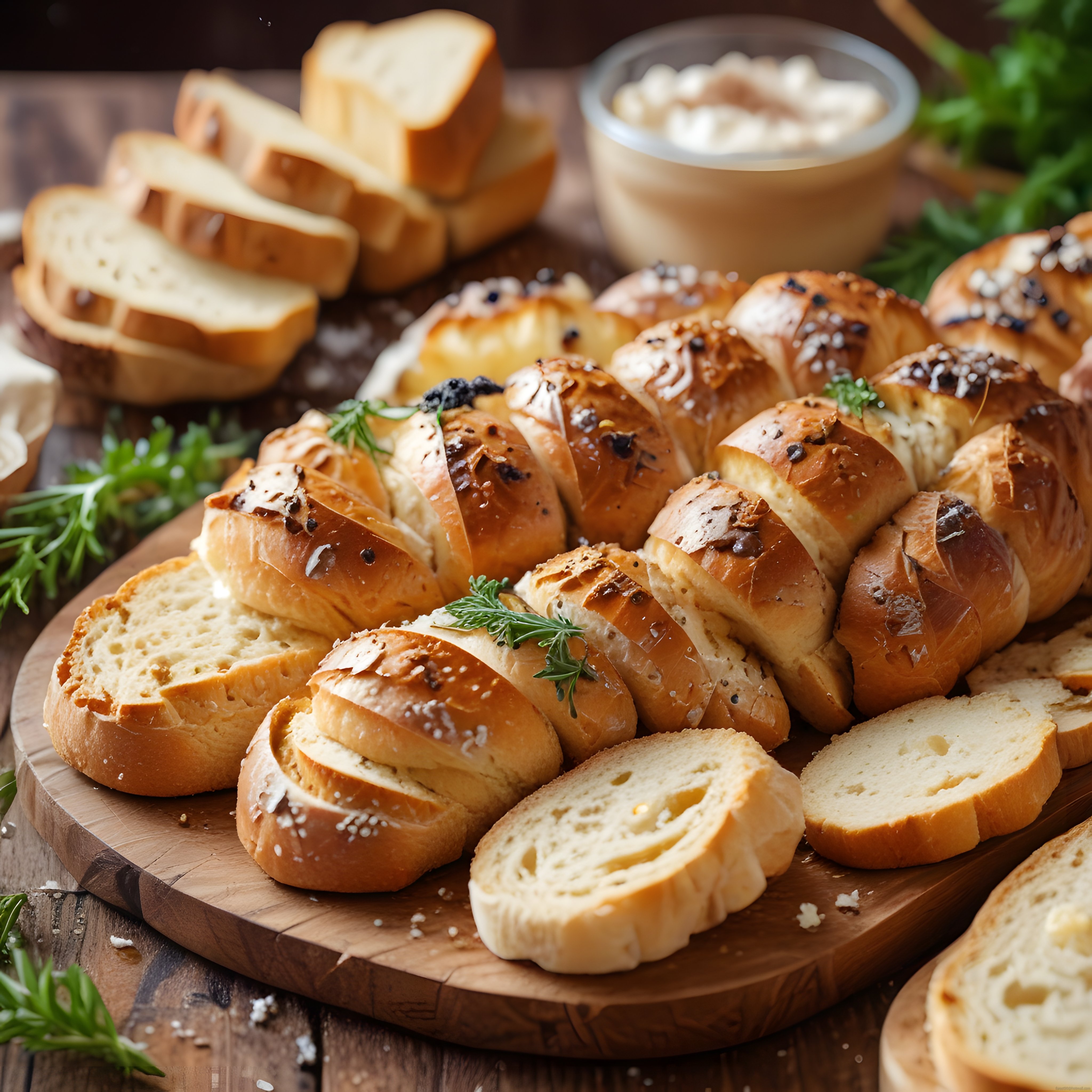 Rustik Ahşap Sunum Tahtasında Örülmüş Taze Çelenk Ekmek ve Baget Dilimleri