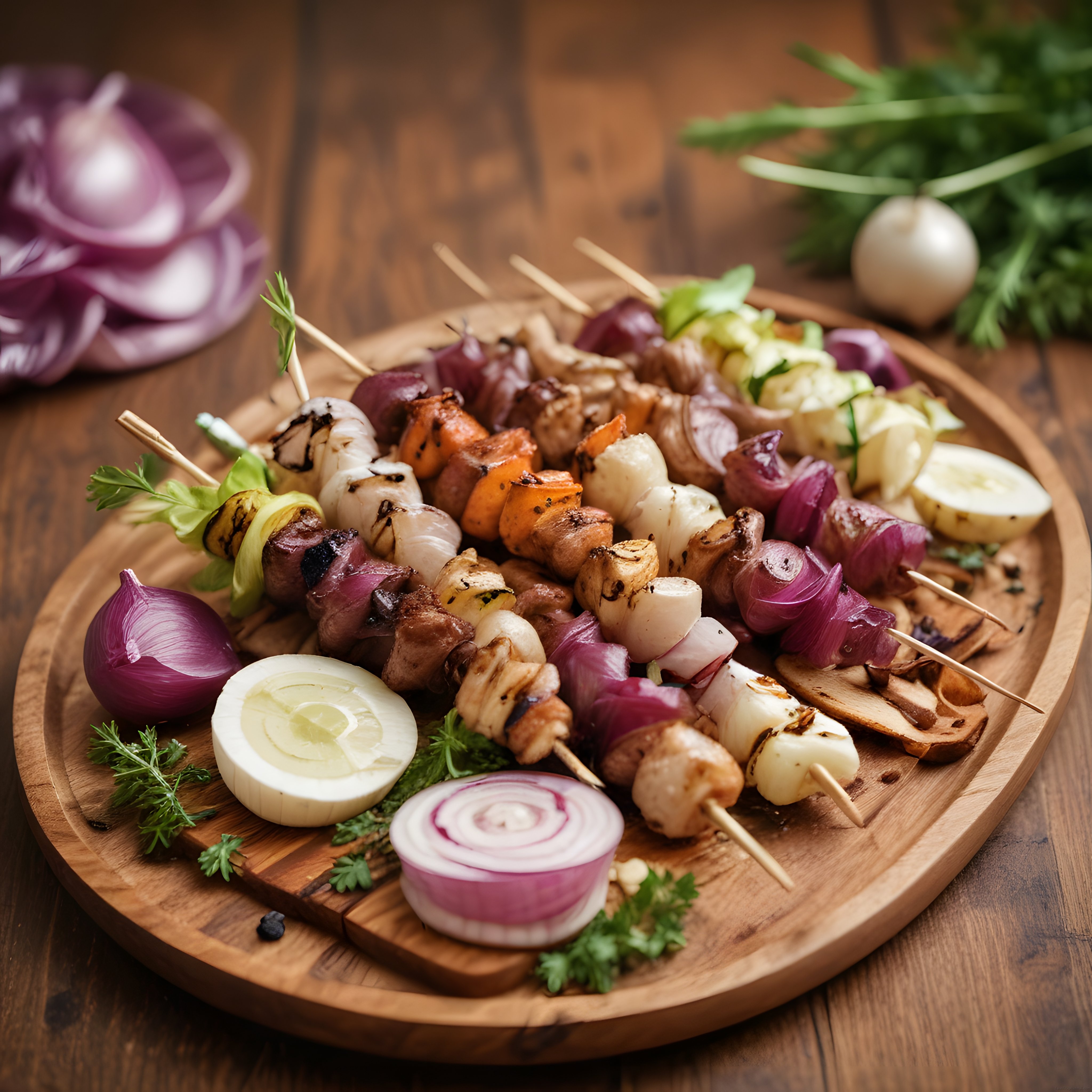 Rustik Ahşap Sunum Tahtasında Renkli Izgara Şiş Kebap ve Sebzeler