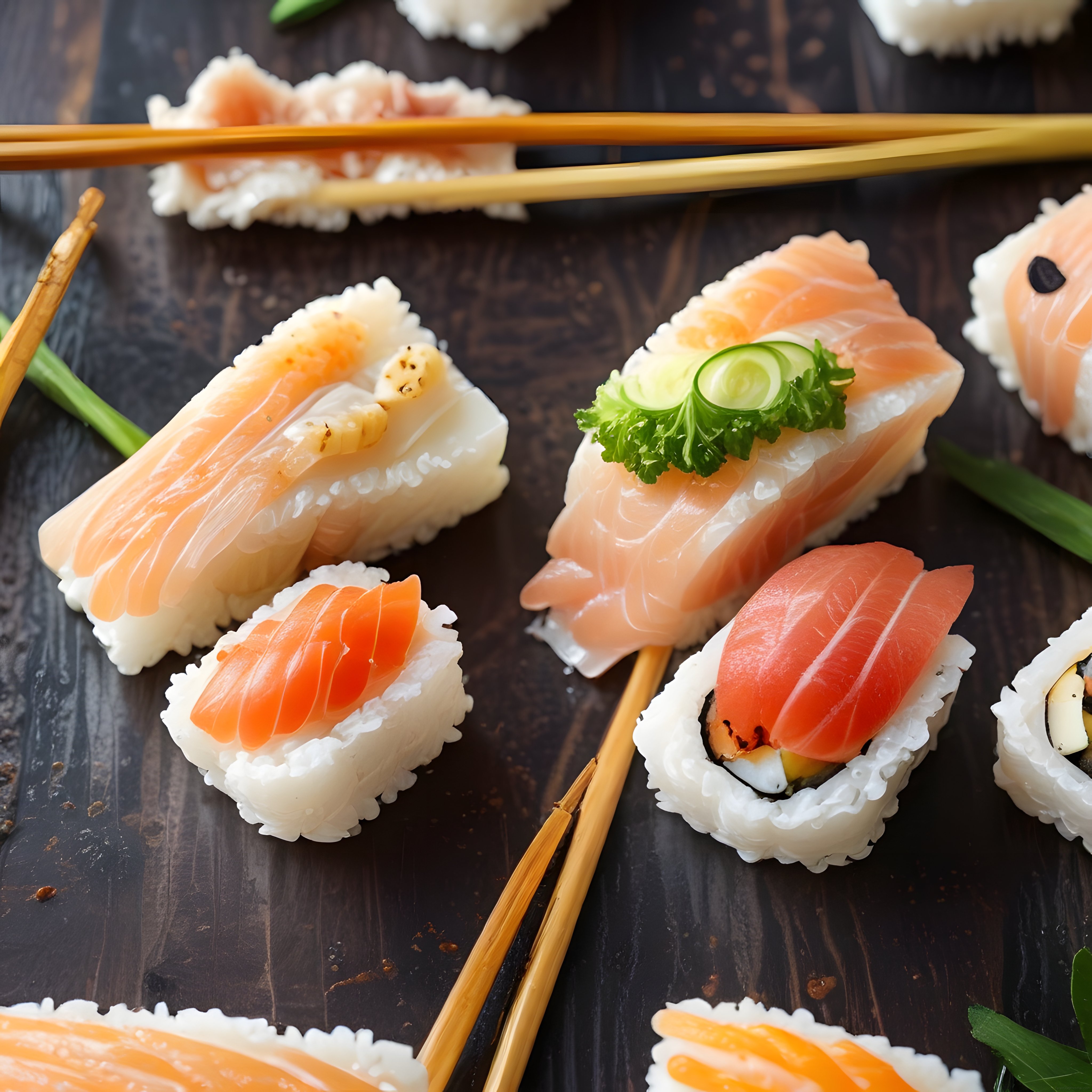 rustik ahşap sunum tahtasında sushi çeşitleri ve bambu hashi çubukları