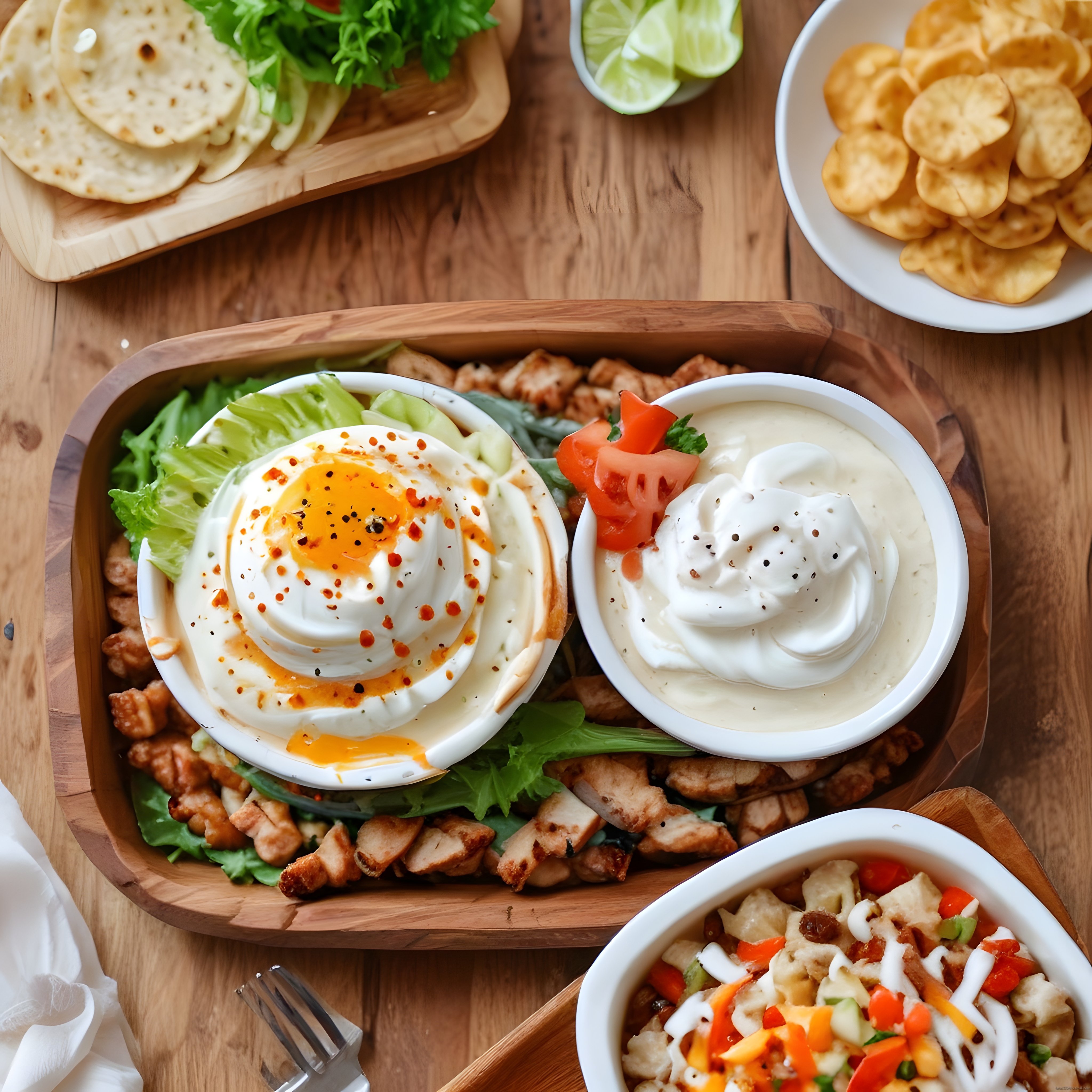 Rustik Ahşap Sunum Tahtasında Tavuk Döner Eşliğinde Meze ve Yumurtalı Sos
